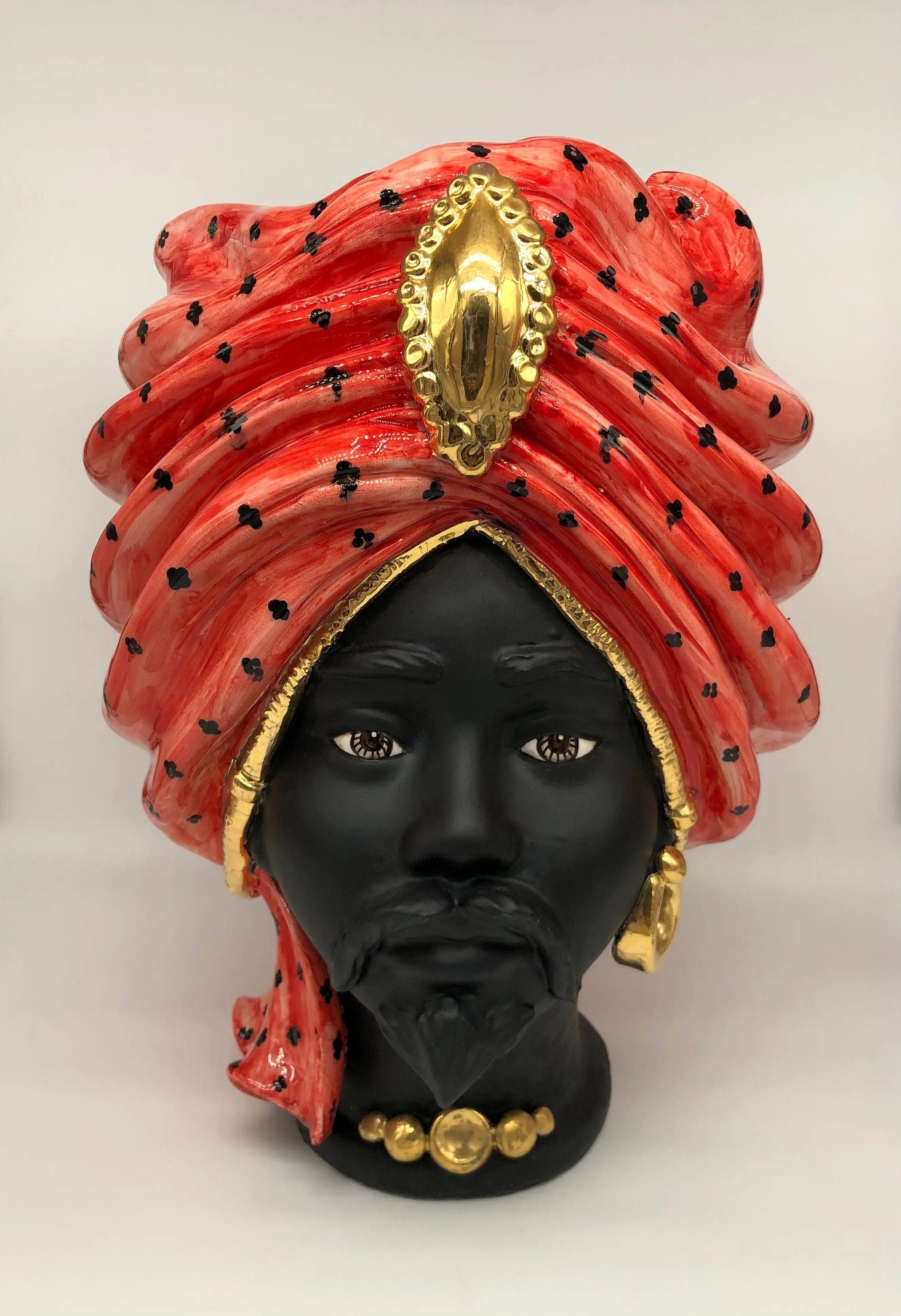 Teste di Moro Atena Ceramica Caltagirone cm H.40 L.28 Artigianale Rosso Pois Nero Oro DD CERAMICHE SICILIANE