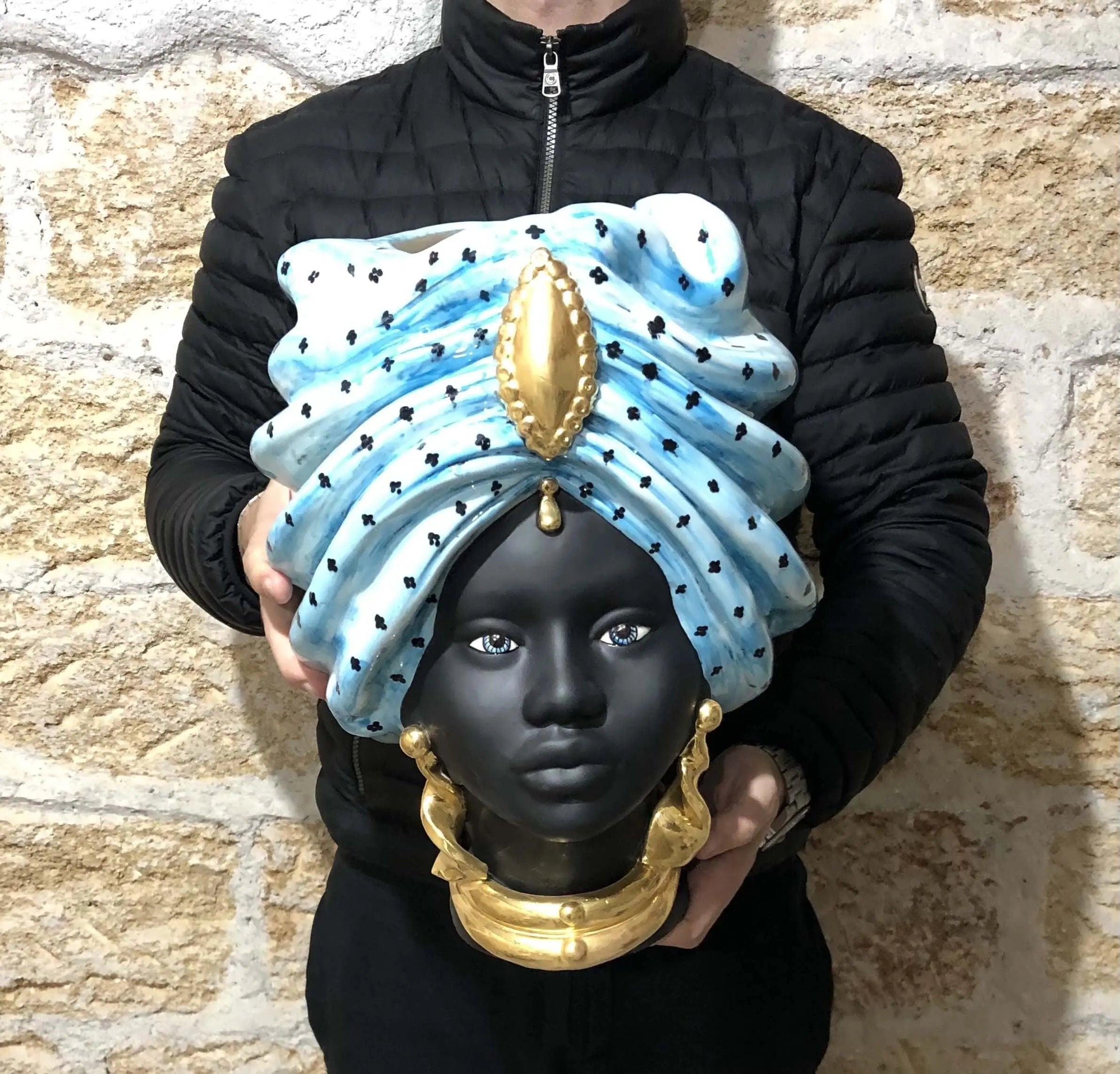 Teste di Moro Atena Ceramica Caltagirone cm H.40 L.28 Artigianale Celeste Pois Nero Oro DD CERAMICHE SICILIANE