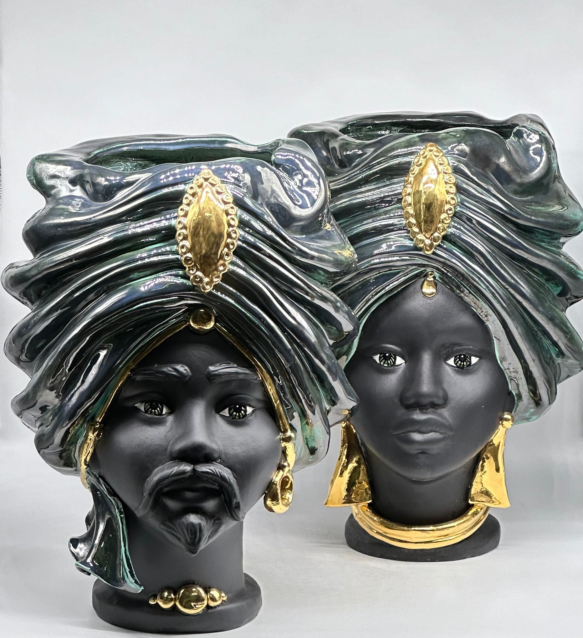 Teste di Moro Atena Ceramica Caltagirone cm H.40 L.28 Artigianale Verde Rame Nero Oro - TESTE DI MORO