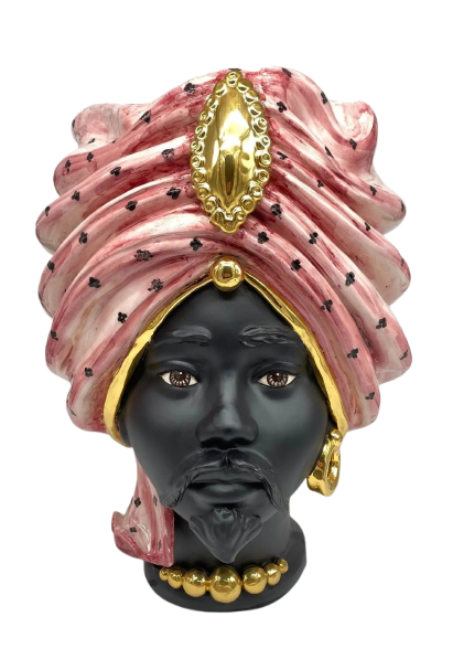 Teste di Moro Atena Ceramica Caltagirone cm H.40 L.28 Artigianale Rosa Pois Nero Oro - DD CERAMICHE SICILIANE