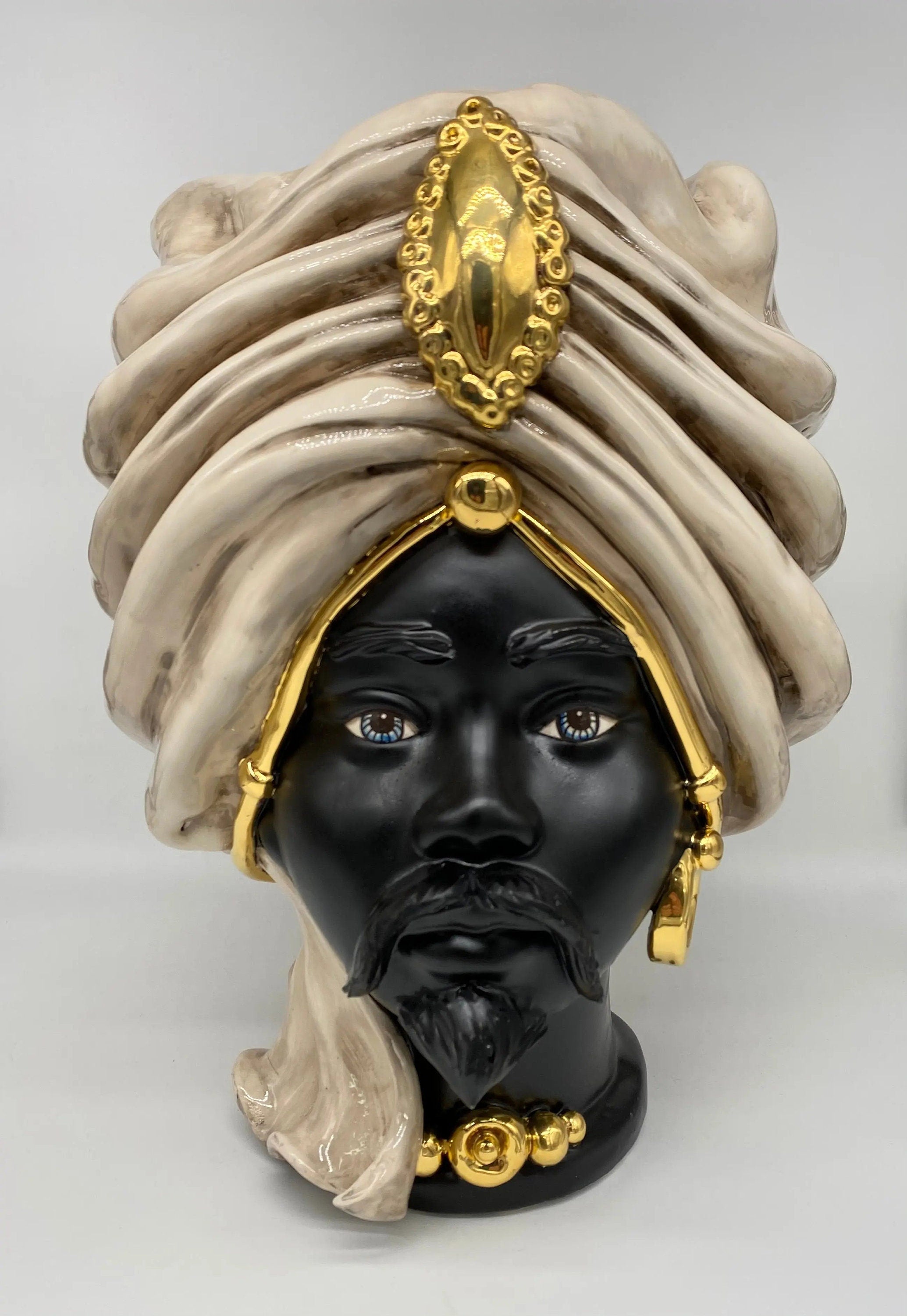 Teste di Moro Atena Ceramica Caltagirone cm H.40 L.28 Artigianale Écru Nero Oro DD CERAMICHE SICILIANE