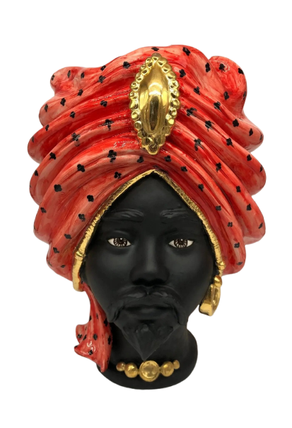 Teste di Moro Atena Ceramica Caltagirone cm H.40 L.28 Artigianale Rosso Pois Nero Oro - DD CERAMICHE SICILIANE