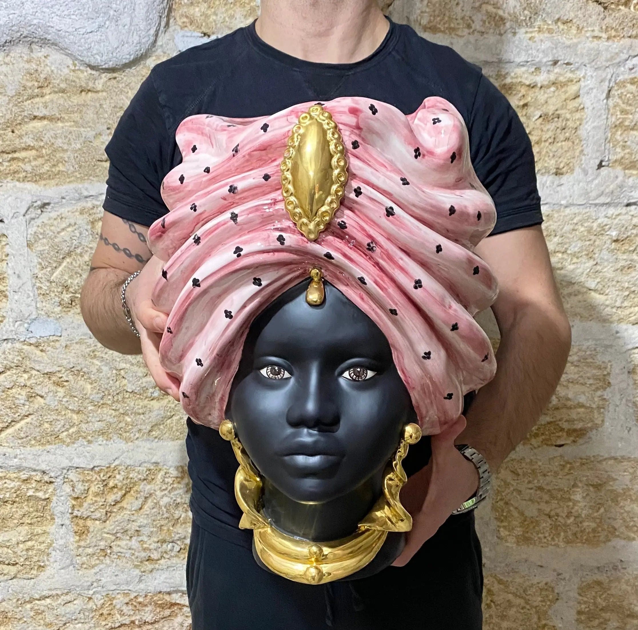 Teste di Moro Atena Ceramica Caltagirone cm H.40 L.28 Artigianale Rosa Pois Nero Oro DD CERAMICHE SICILIANE