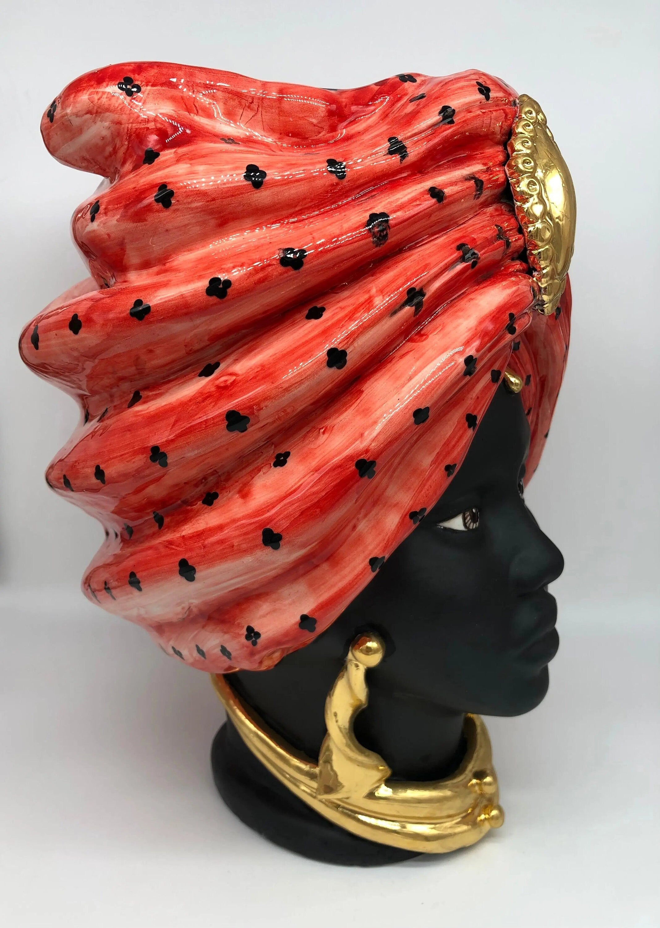Teste di Moro Atena Ceramica Caltagirone cm H.40 L.28 Artigianale Rosso Pois Nero Oro DD CERAMICHE SICILIANE