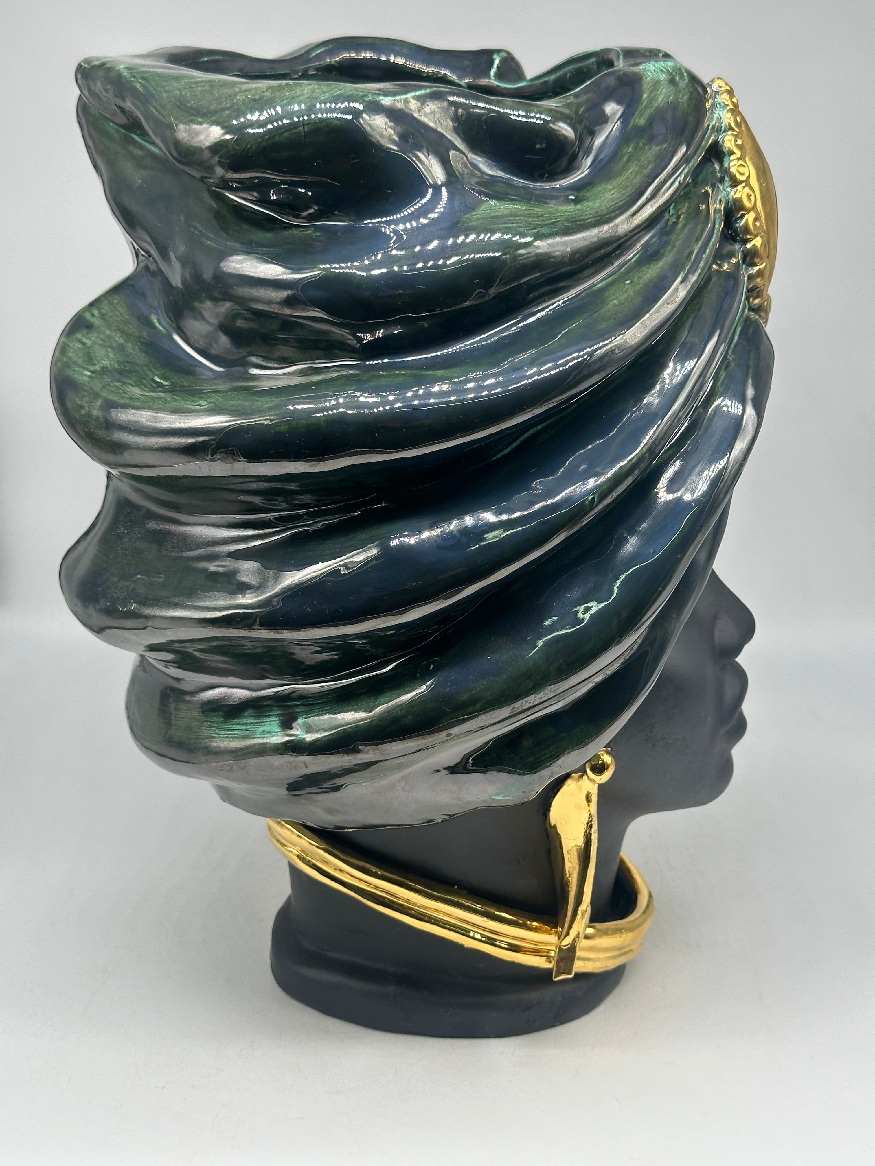 Teste di Moro Atena Ceramica Caltagirone cm H.40 L.28 Artigianale Verde Rame Nero Oro - TESTE DI MORO