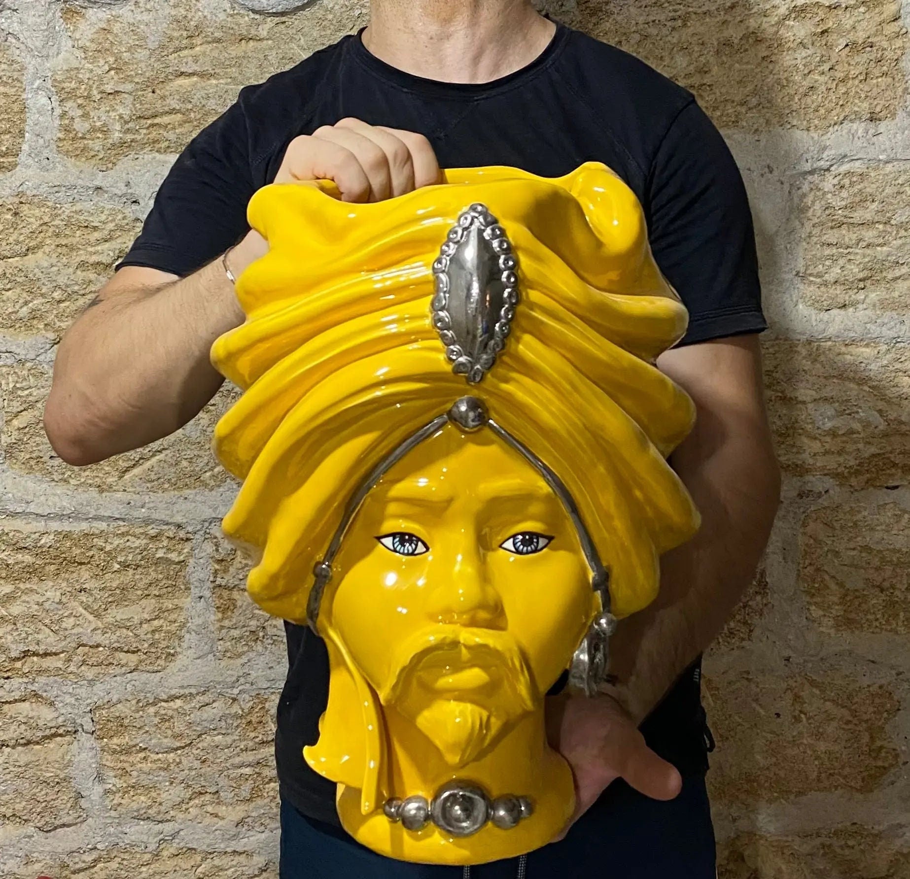 Teste di Moro Atena Ceramica Caltagirone cm H.40 L.28 Artigianale Giallo Platino DD CERAMICHE SICILIANE