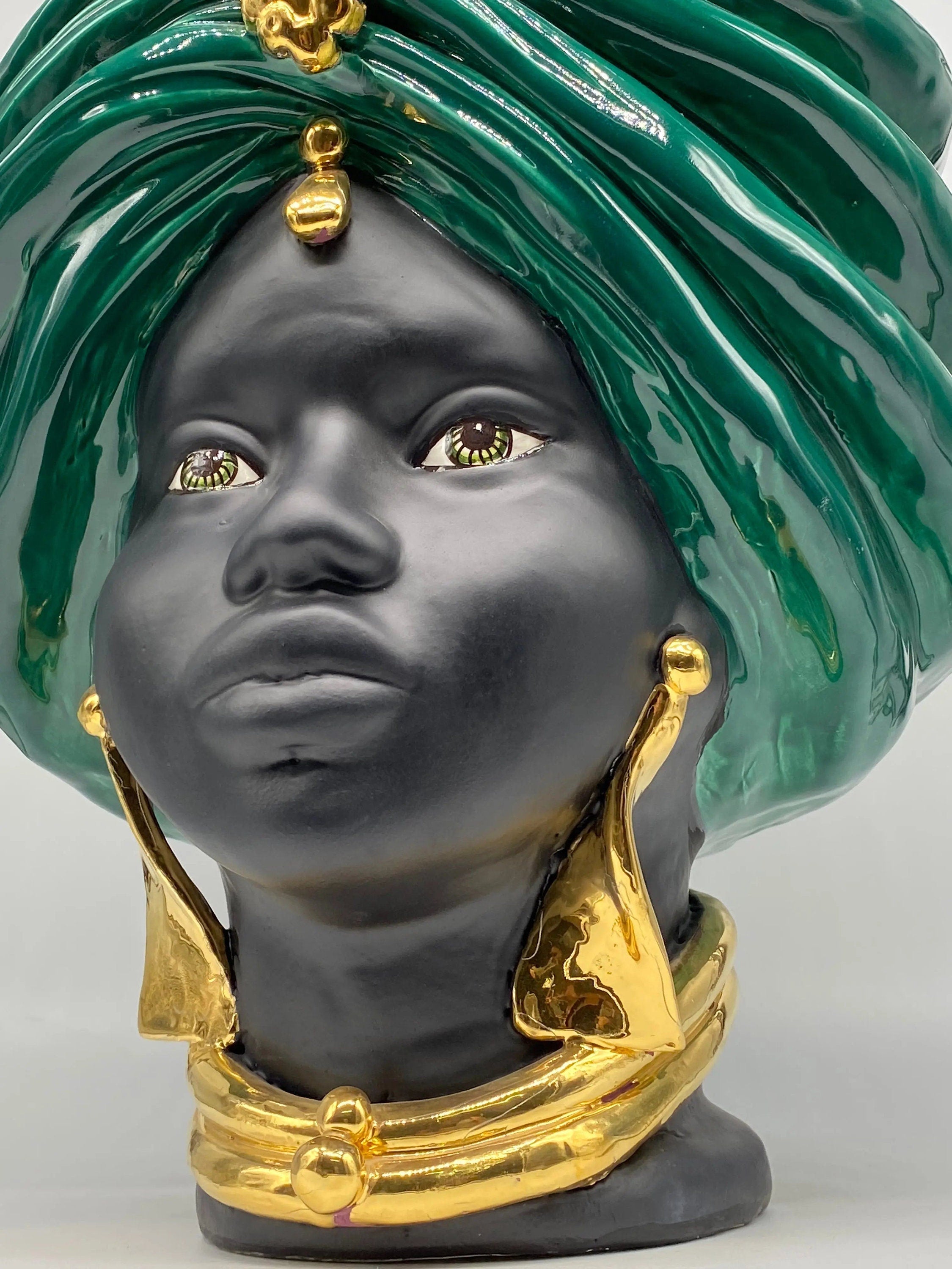 Teste di Moro Atena Ceramica Caltagirone cm H.40 L.28 Artigianale Verde Scuro Nero Oro DD CERAMICHE SICILIANE
