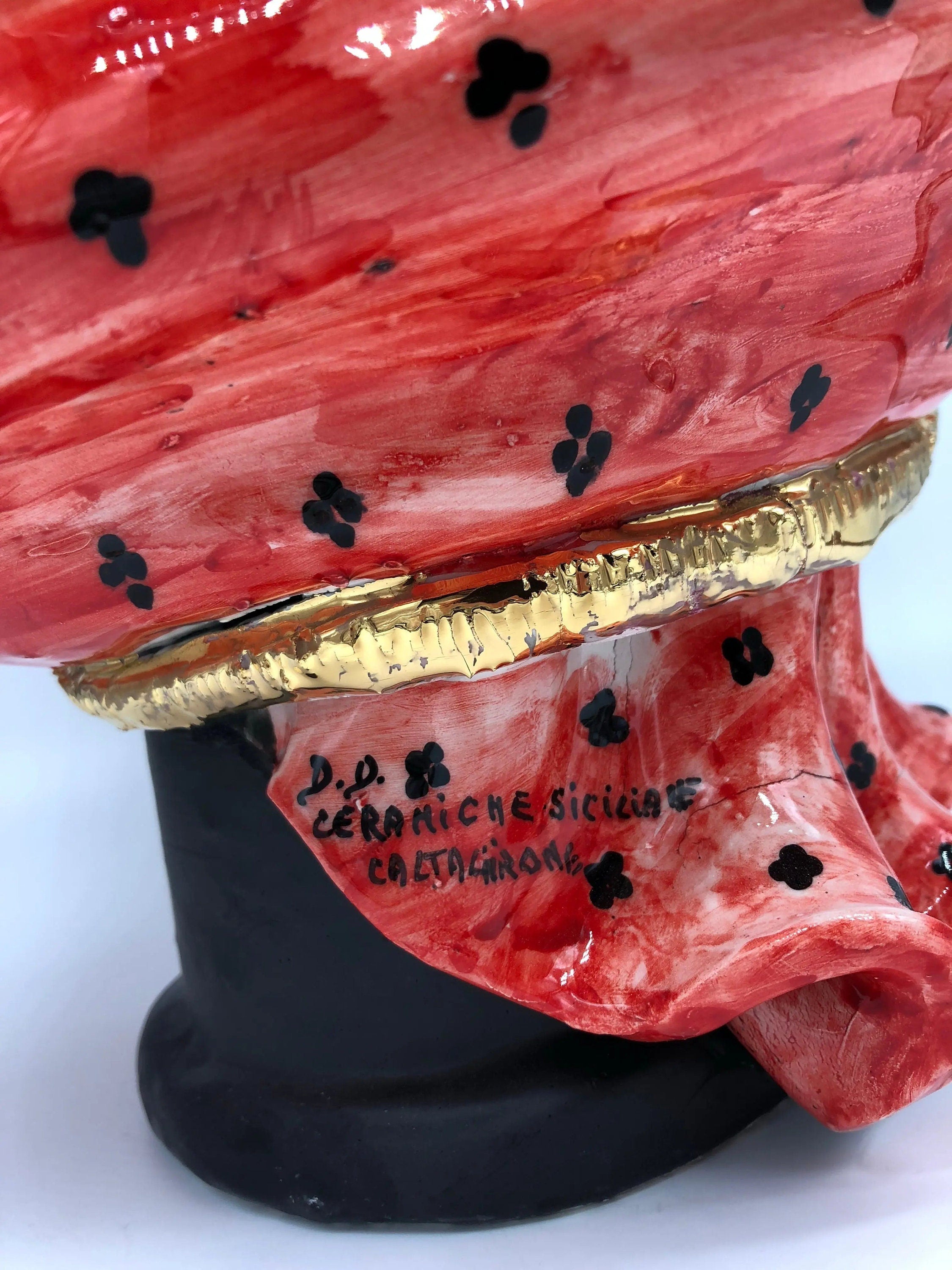 Teste di Moro Atena Ceramica Caltagirone cm H.40 L.28 Artigianale Rosso Pois Nero Oro DD CERAMICHE SICILIANE