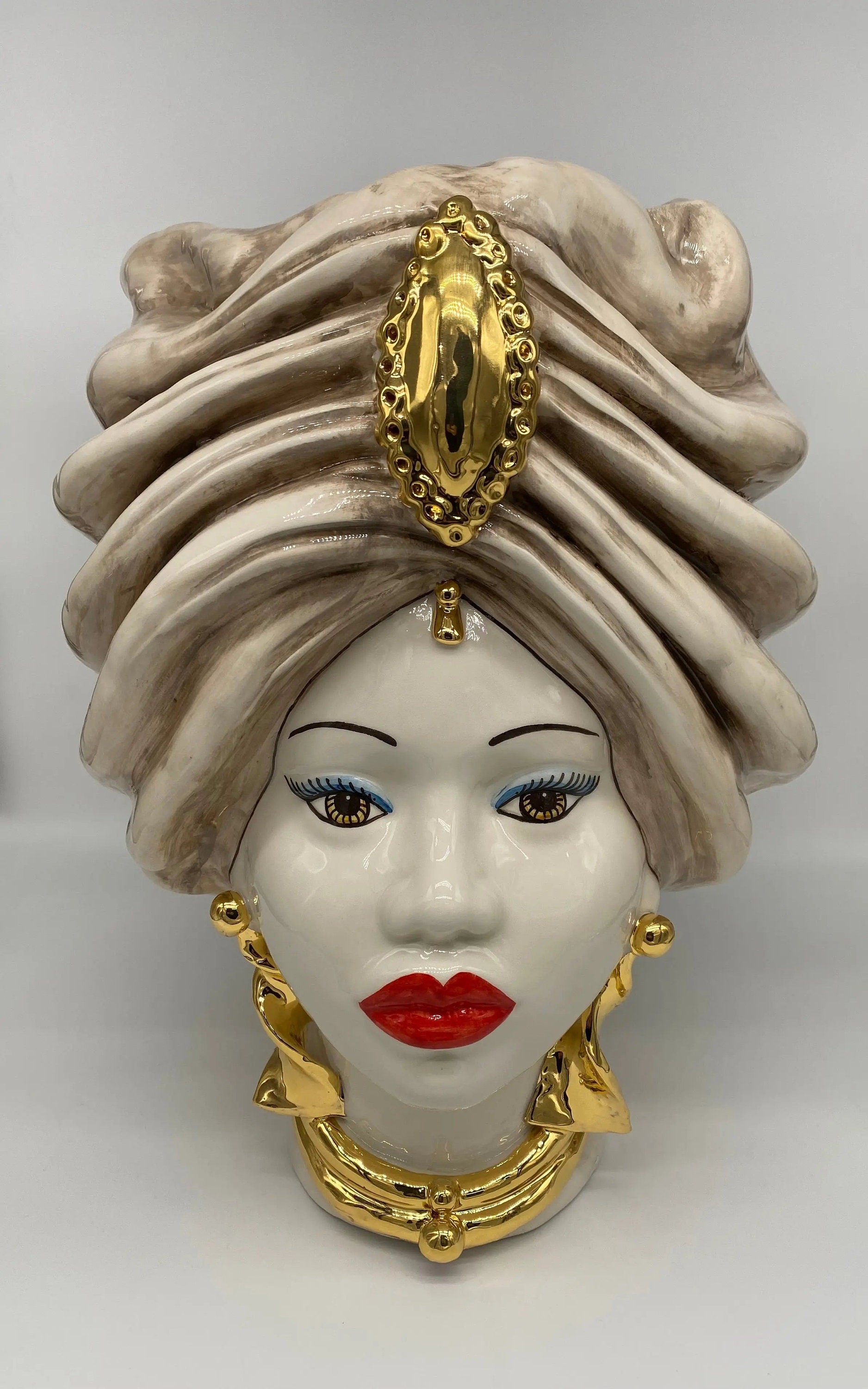 Teste di Moro Atena Ceramica Caltagirone cm H.40 L.28 Artigianale Écru Beige Oro DD CERAMICHE SICILIANE
