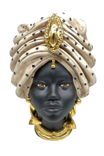Teste di Moro Atena Ceramica Caltagirone cm H.40 L.28 Artigianale Écru Pois Nero Oro - DD CERAMICHE SICILIANE