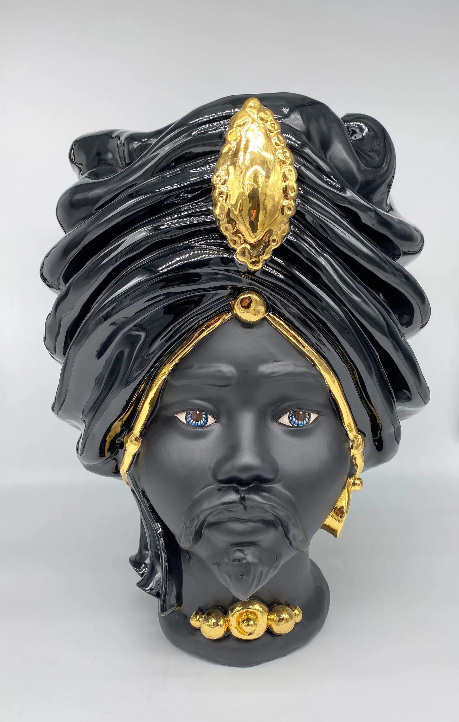 Teste di Moro Atena Ceramica Caltagirone cm H.40 L.28 Artigianale Nero Oro DD CERAMICHE SICILIANE