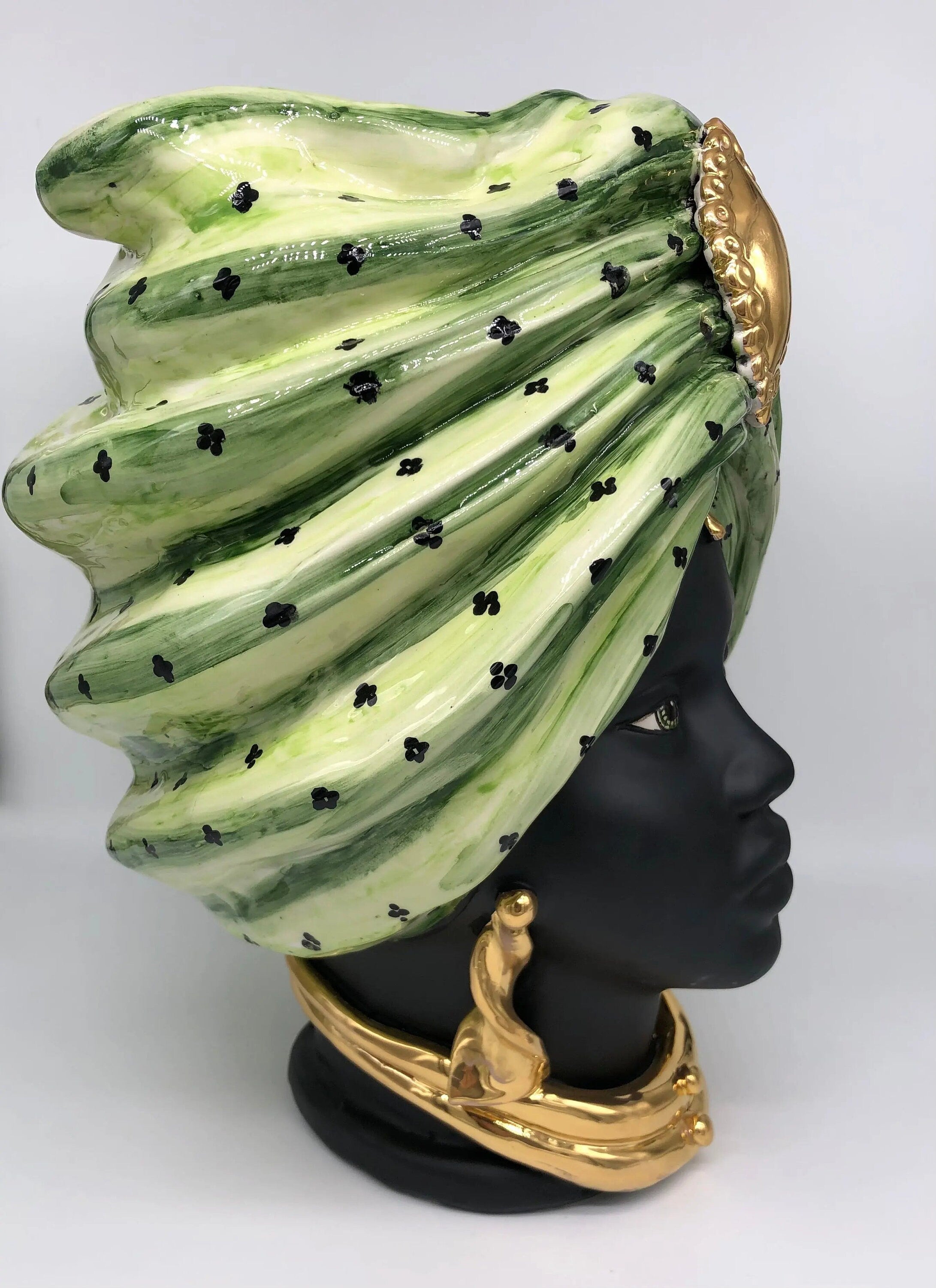 Teste di Moro Atena Ceramica Caltagirone cm H.40 L.28 Artigianale Verde Pois Nero Oro DD CERAMICHE SICILIANE
