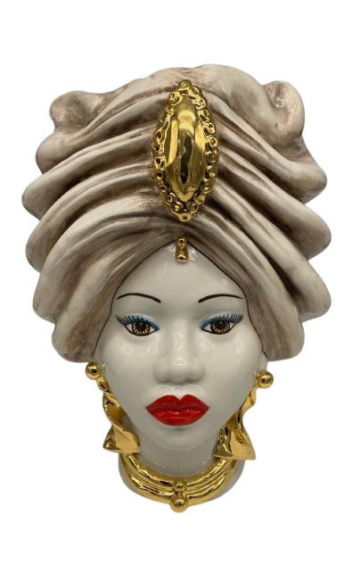 Teste di Moro Atena Ceramica Caltagirone cm H.40 L.28 Artigianale Écru Beige Oro - DD CERAMICHE SICILIANE