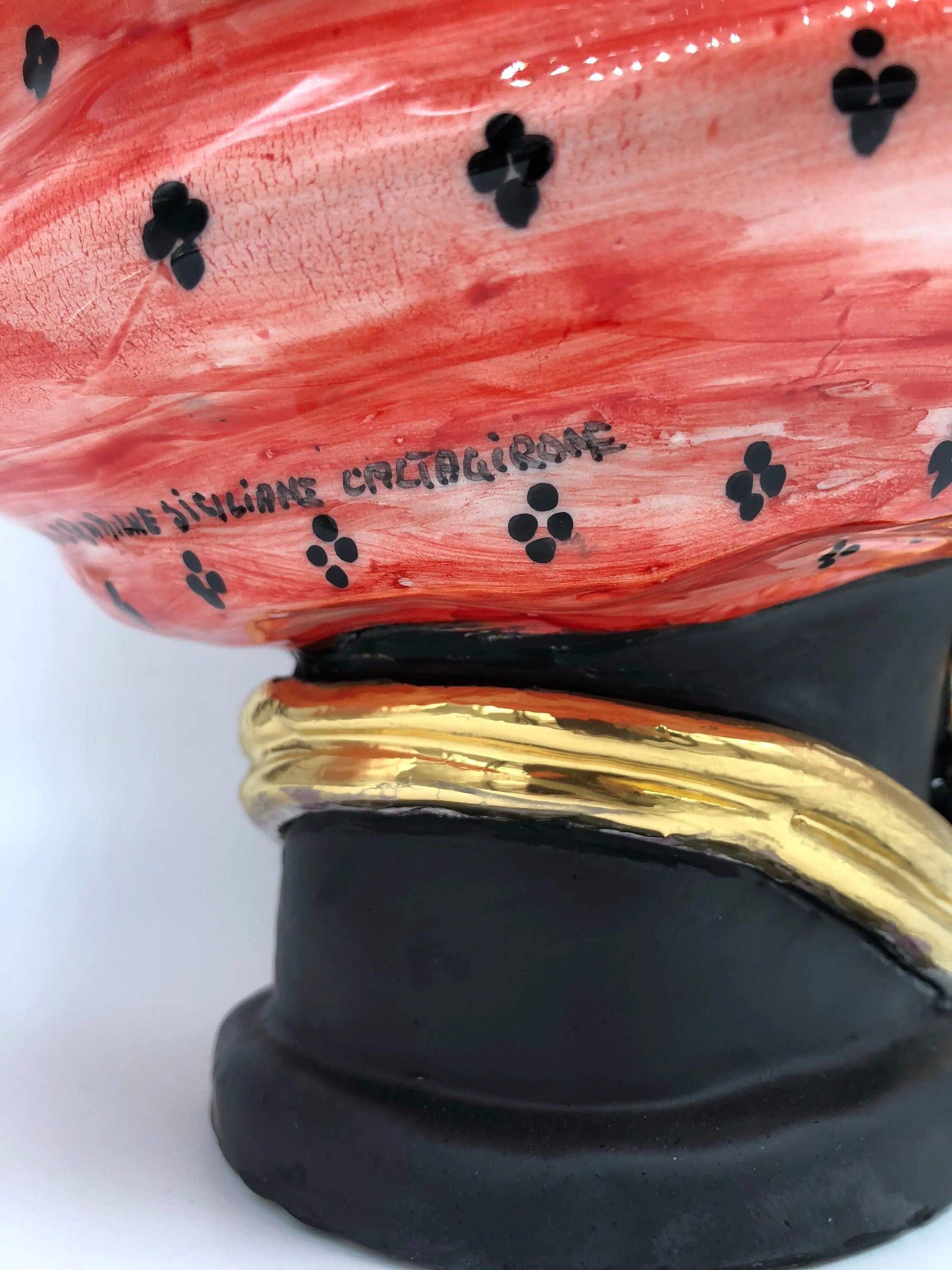 Teste di Moro Atena Ceramica Caltagirone cm H.40 L.28 Artigianale Rosso Pois Nero Oro DD CERAMICHE SICILIANE