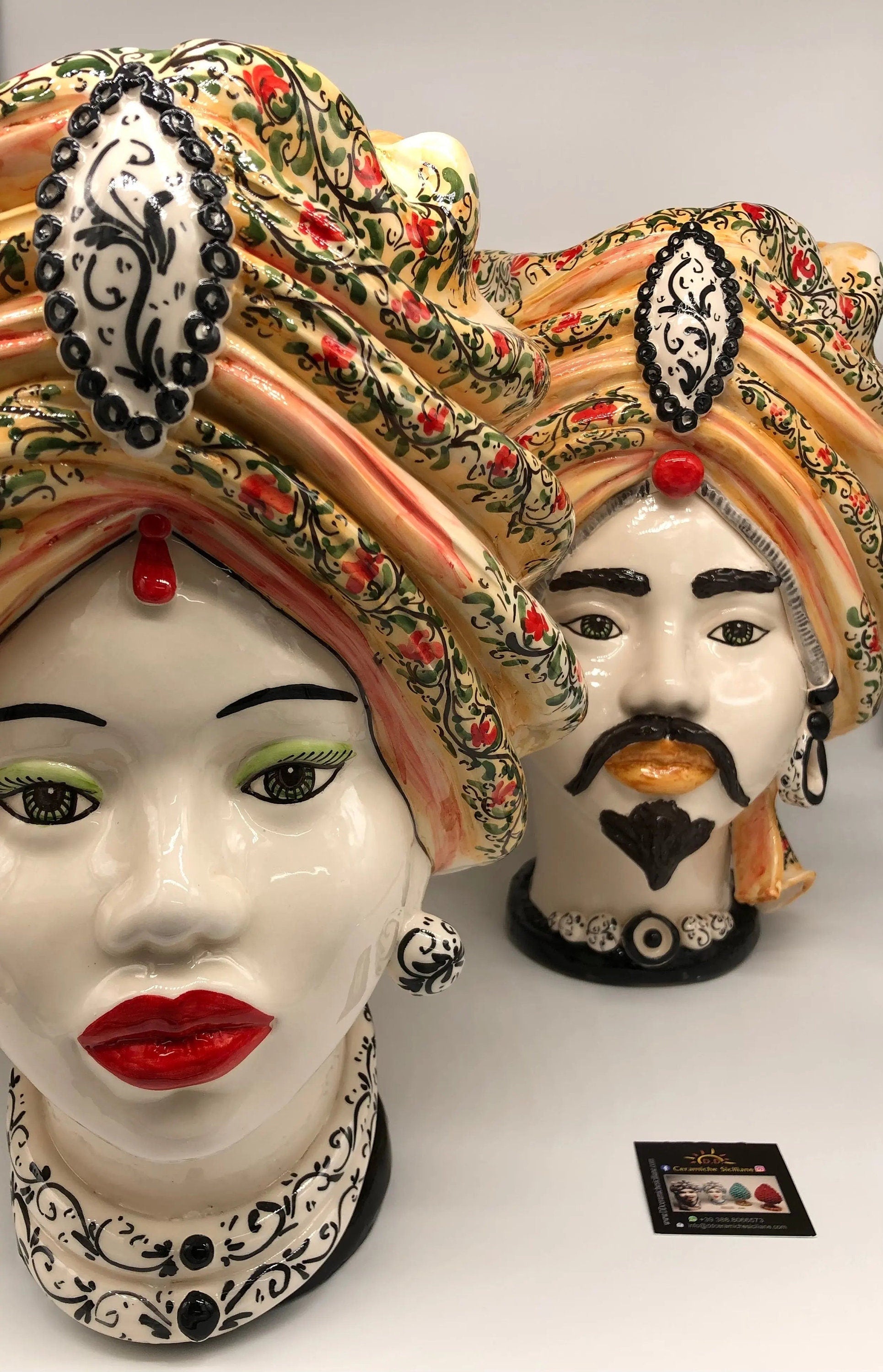 Teste di Moro Atena Ceramica Caltagirone cm H.40 L.28 Artigianale Decoro Floreale DD CERAMICHE SICILIANE