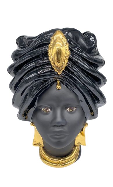 Teste di Moro Atena Ceramica Caltagirone cm H.40 L.28 Artigianale Nero Oro - DD CERAMICHE SICILIANE