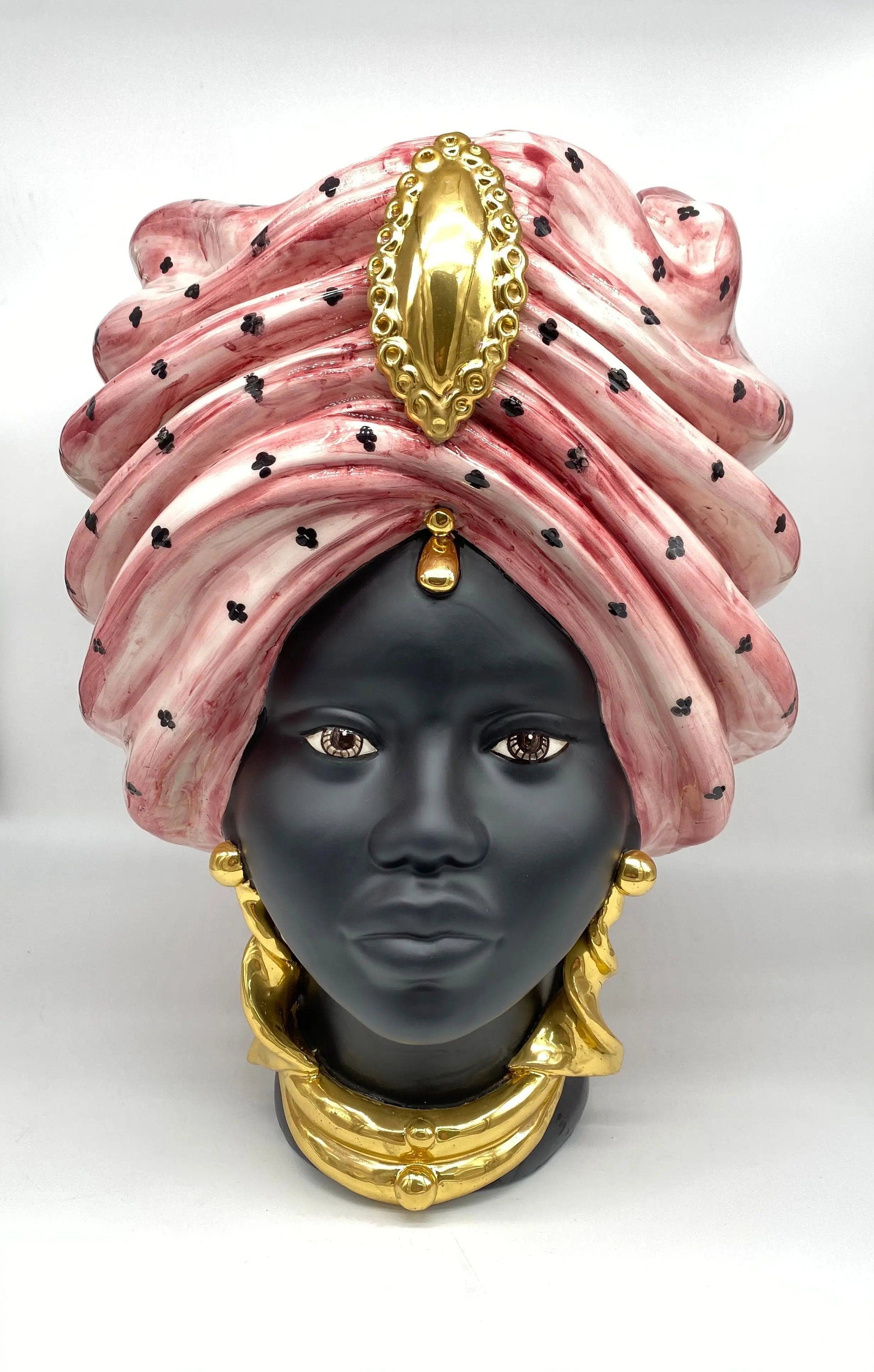 Teste di Moro Atena Ceramica Caltagirone cm H.40 L.28 Artigianale Rosa Pois Nero Oro DD CERAMICHE SICILIANE