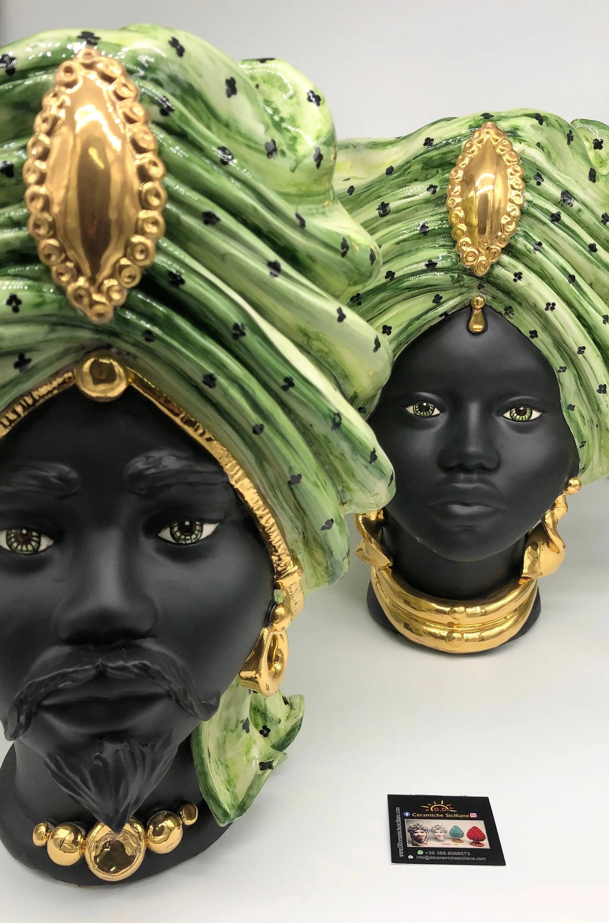 Teste di Moro Atena Ceramica Caltagirone cm H.40 L.28 Artigianale Verde Pois Nero Oro DD CERAMICHE SICILIANE