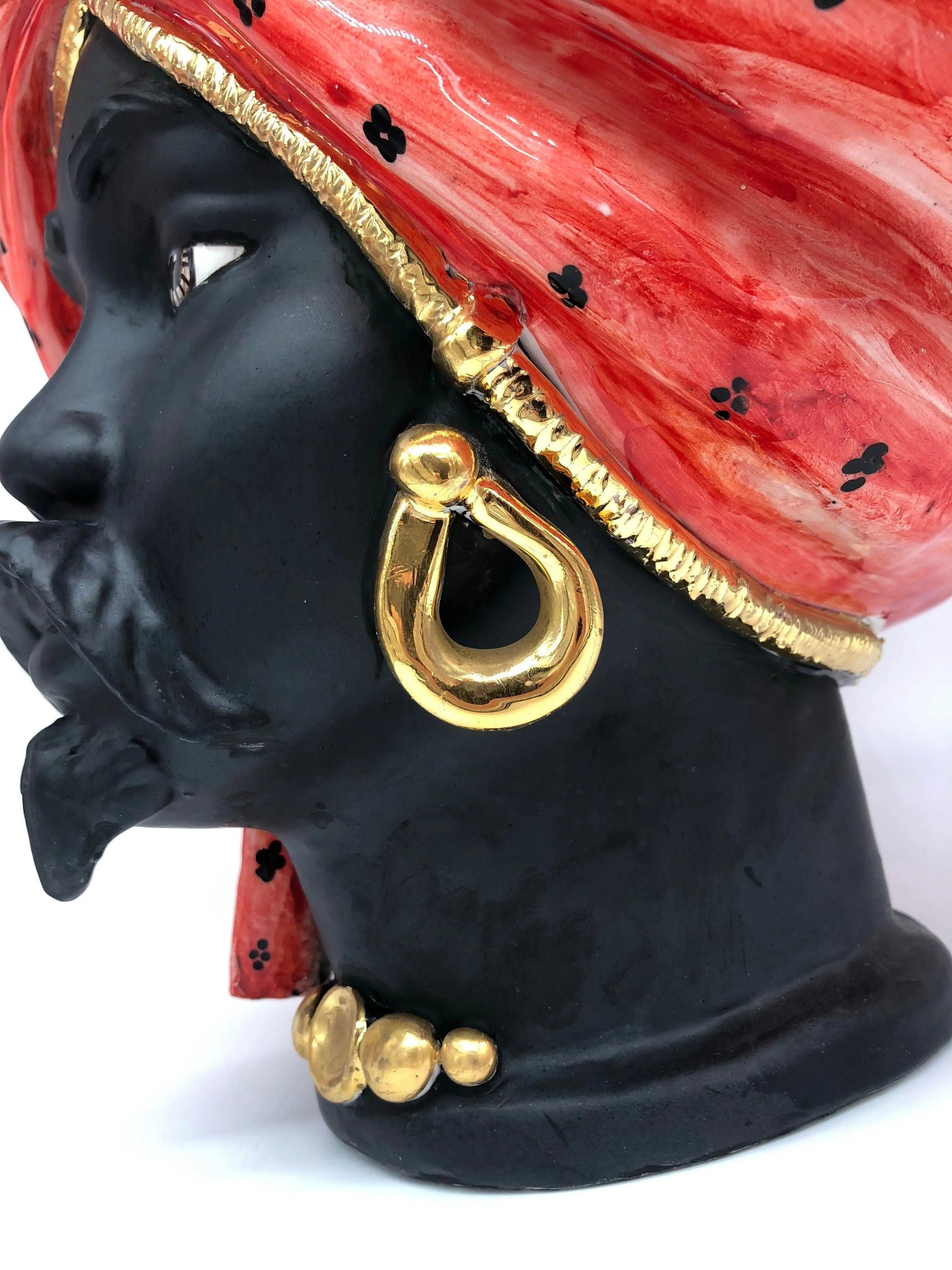 Teste di Moro Atena Ceramica Caltagirone cm H.40 L.28 Artigianale Rosso Pois Nero Oro DD CERAMICHE SICILIANE