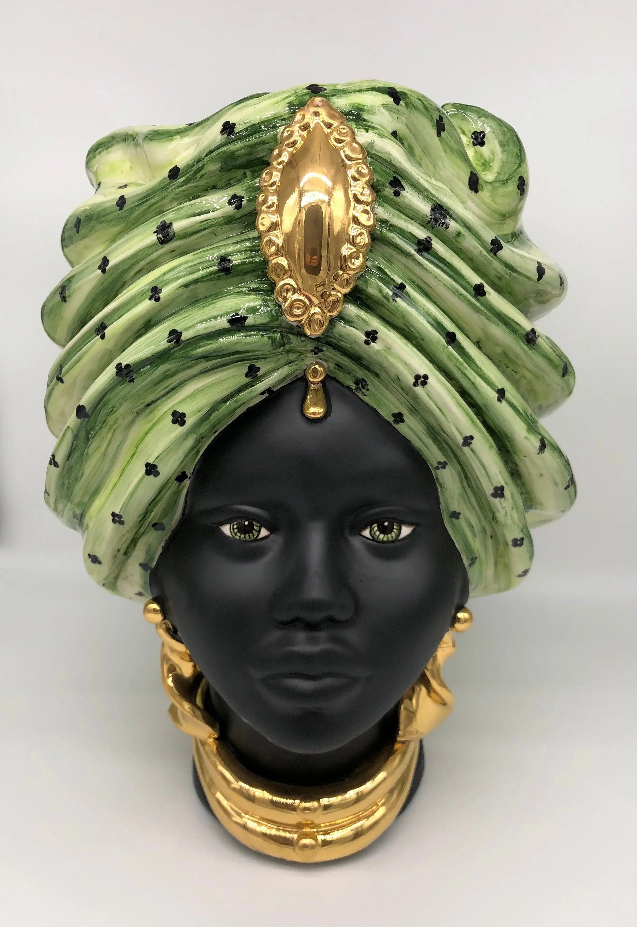 Teste di Moro Atena Ceramica Caltagirone cm H.40 L.28 Artigianale Verde Pois Nero Oro DD CERAMICHE SICILIANE