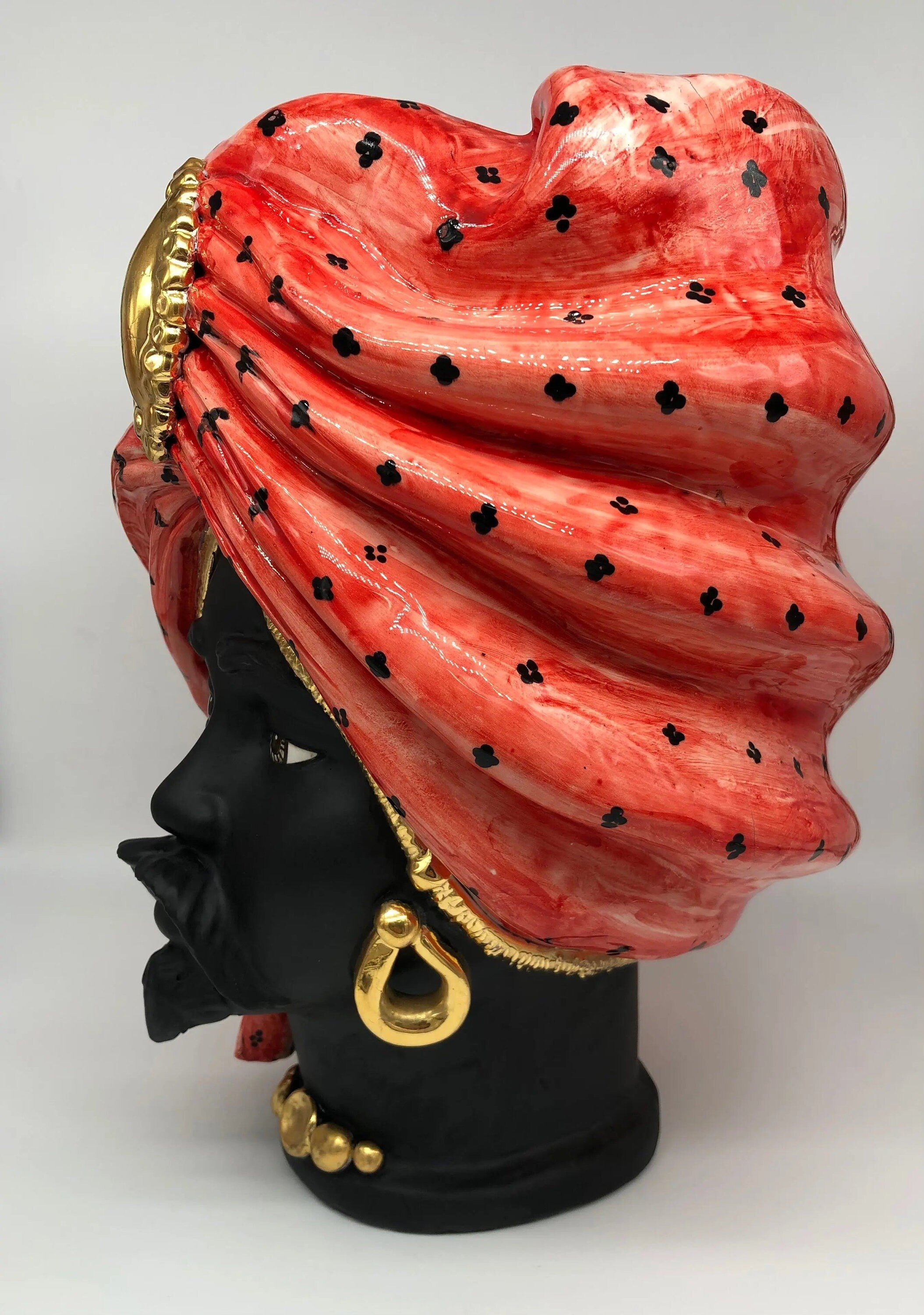 Teste di Moro Atena Ceramica Caltagirone cm H.40 L.28 Artigianale Rosso Pois Nero Oro DD CERAMICHE SICILIANE