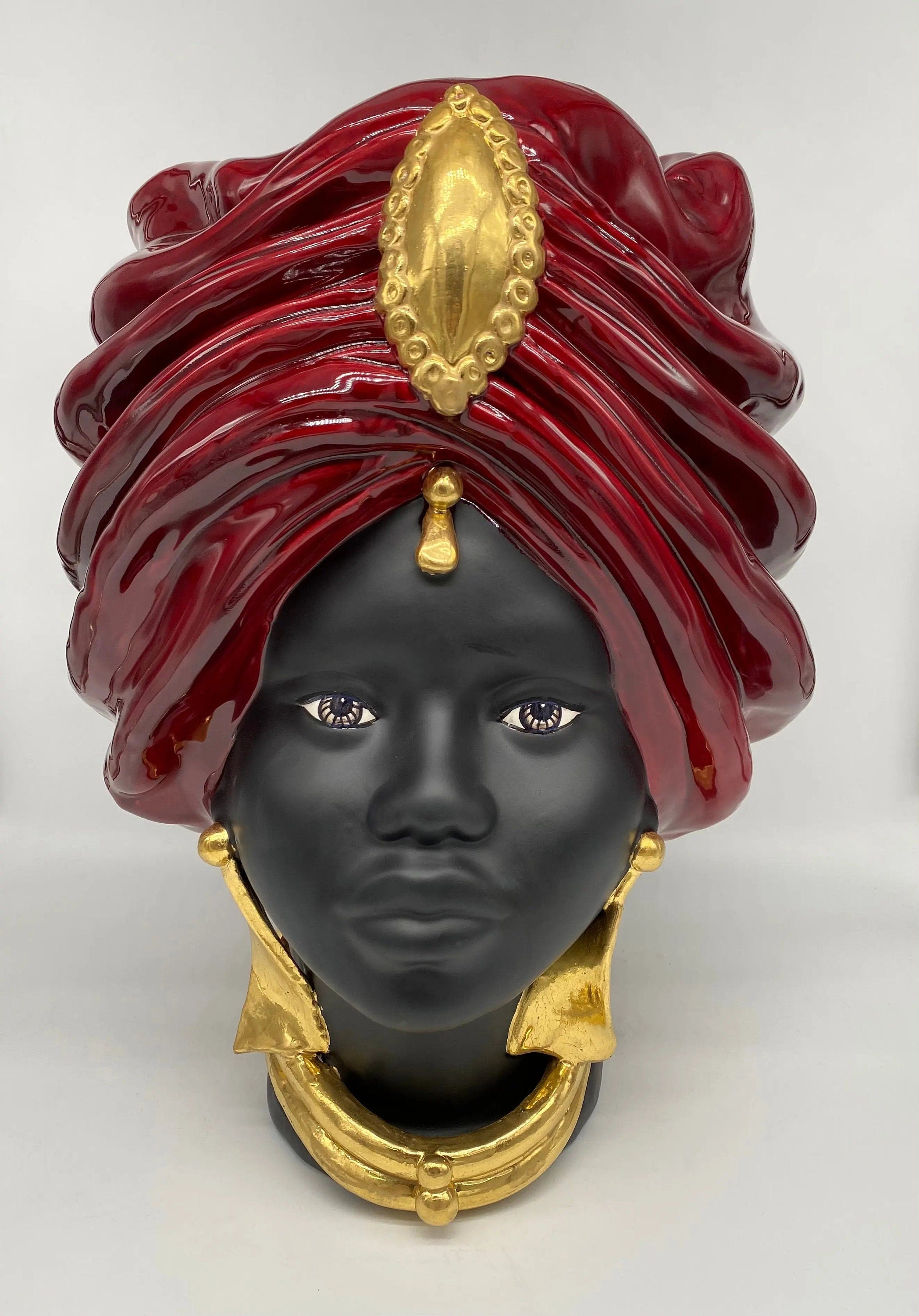 Teste di Moro Atena Ceramica Caltagirone cm H.40 L.28 Artigianale Bordeaux Nero Oro DD CERAMICHE SICILIANE