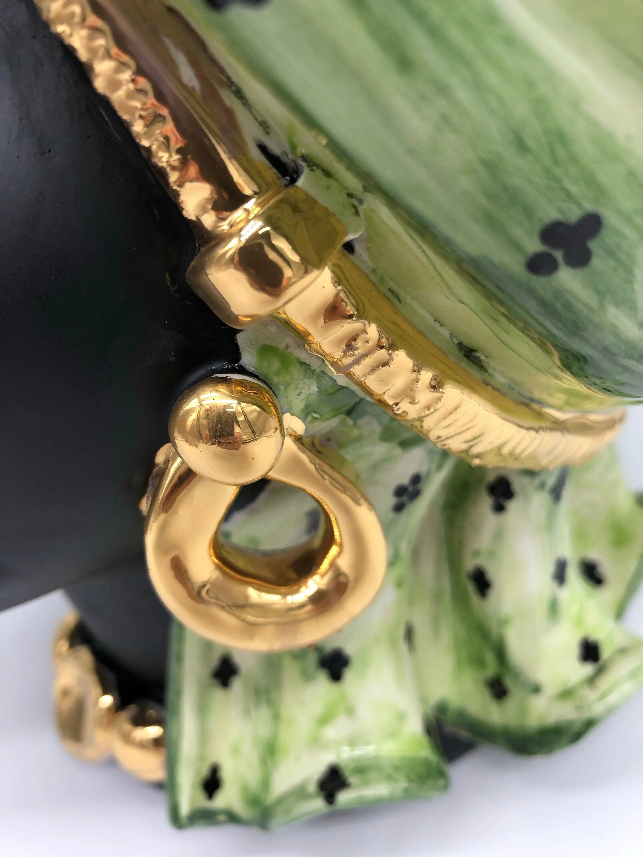 Teste di Moro Atena Ceramica Caltagirone cm H.40 L.28 Artigianale Verde Pois Nero Oro DD CERAMICHE SICILIANE