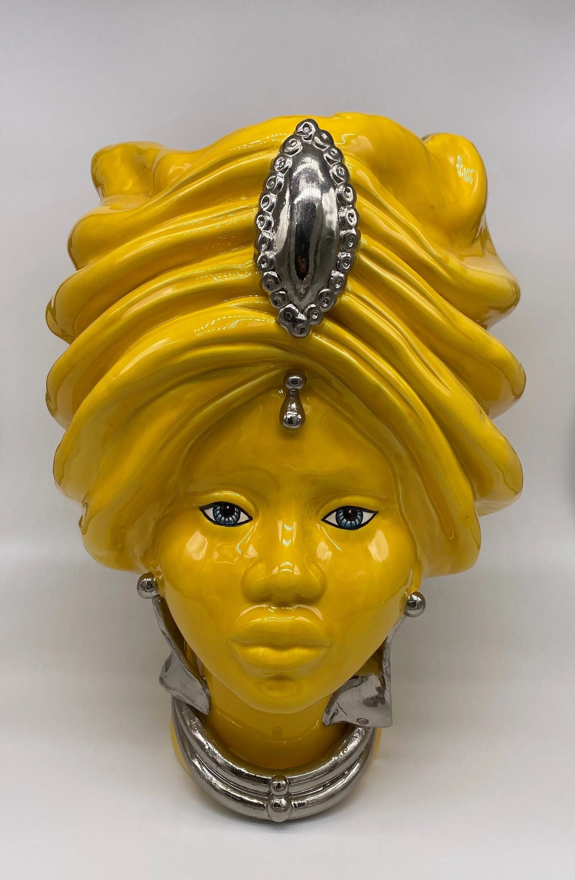 Teste di Moro Atena Ceramica Caltagirone cm H.40 L.28 Artigianale Giallo Platino DD CERAMICHE SICILIANE