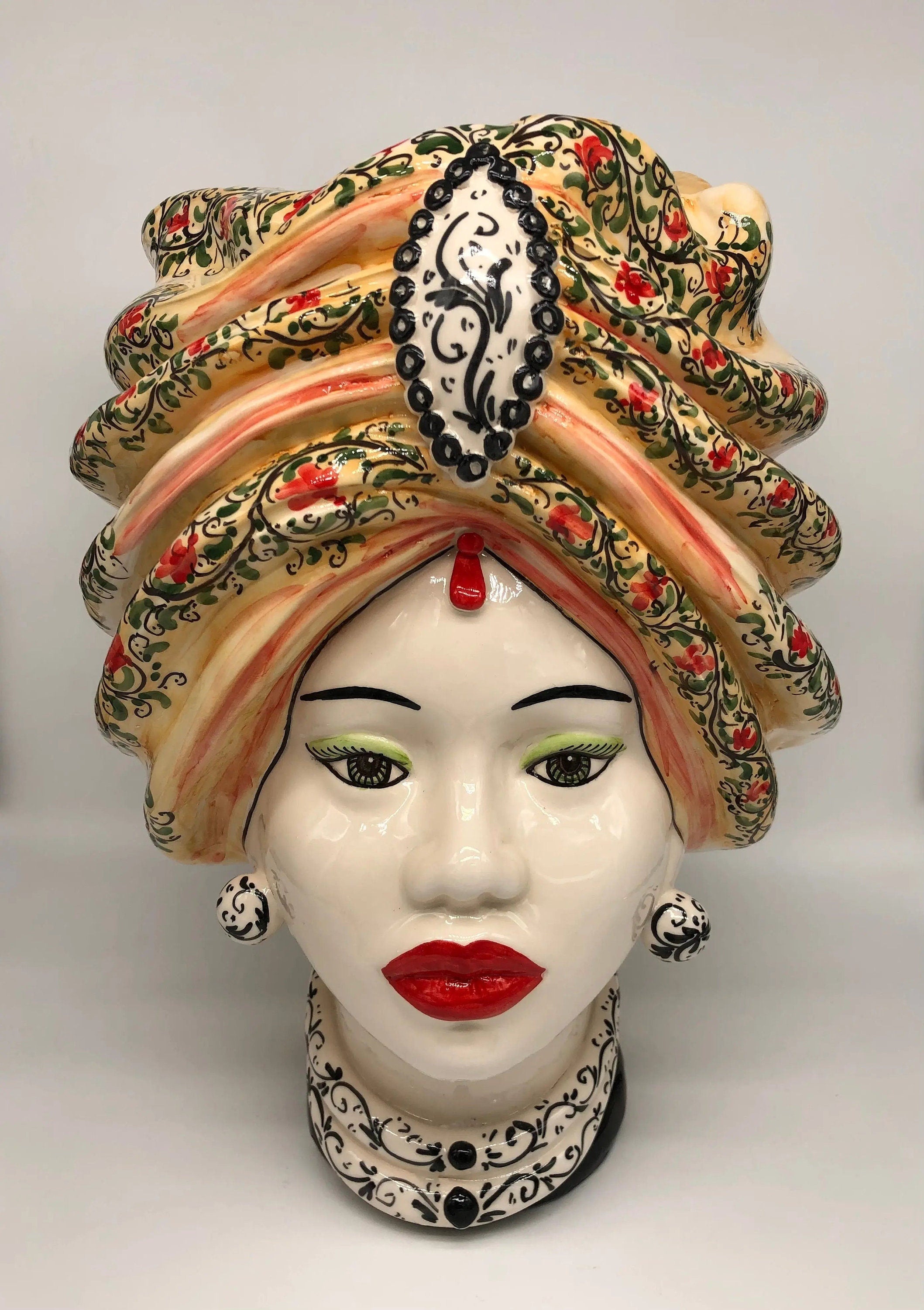 Teste di Moro Atena Ceramica Caltagirone cm H.40 L.28 Artigianale Decoro Floreale DD CERAMICHE SICILIANE