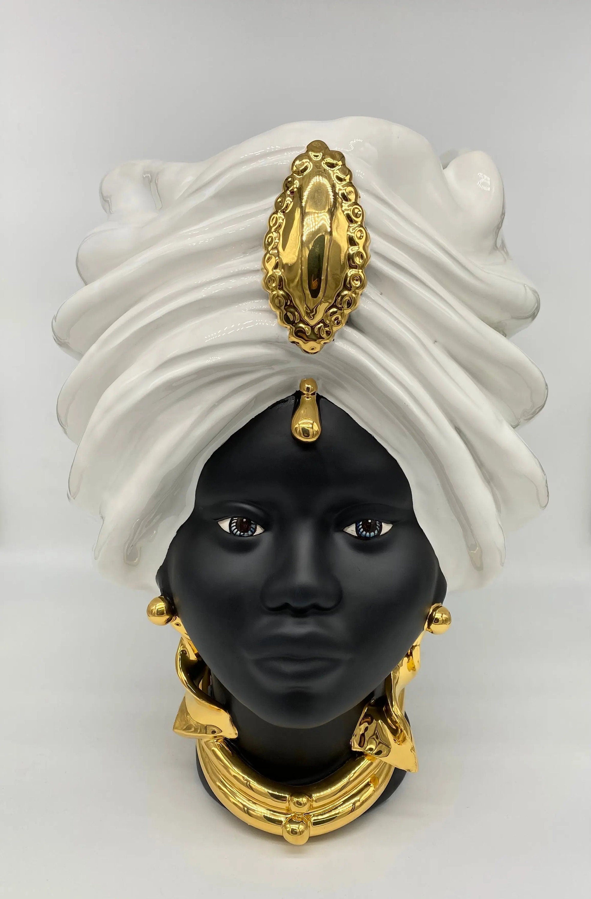 Teste di Moro Atena Ceramica Caltagirone cm H.40 L.28 Artigianale Bianco Nero Oro DD CERAMICHE SICILIANE