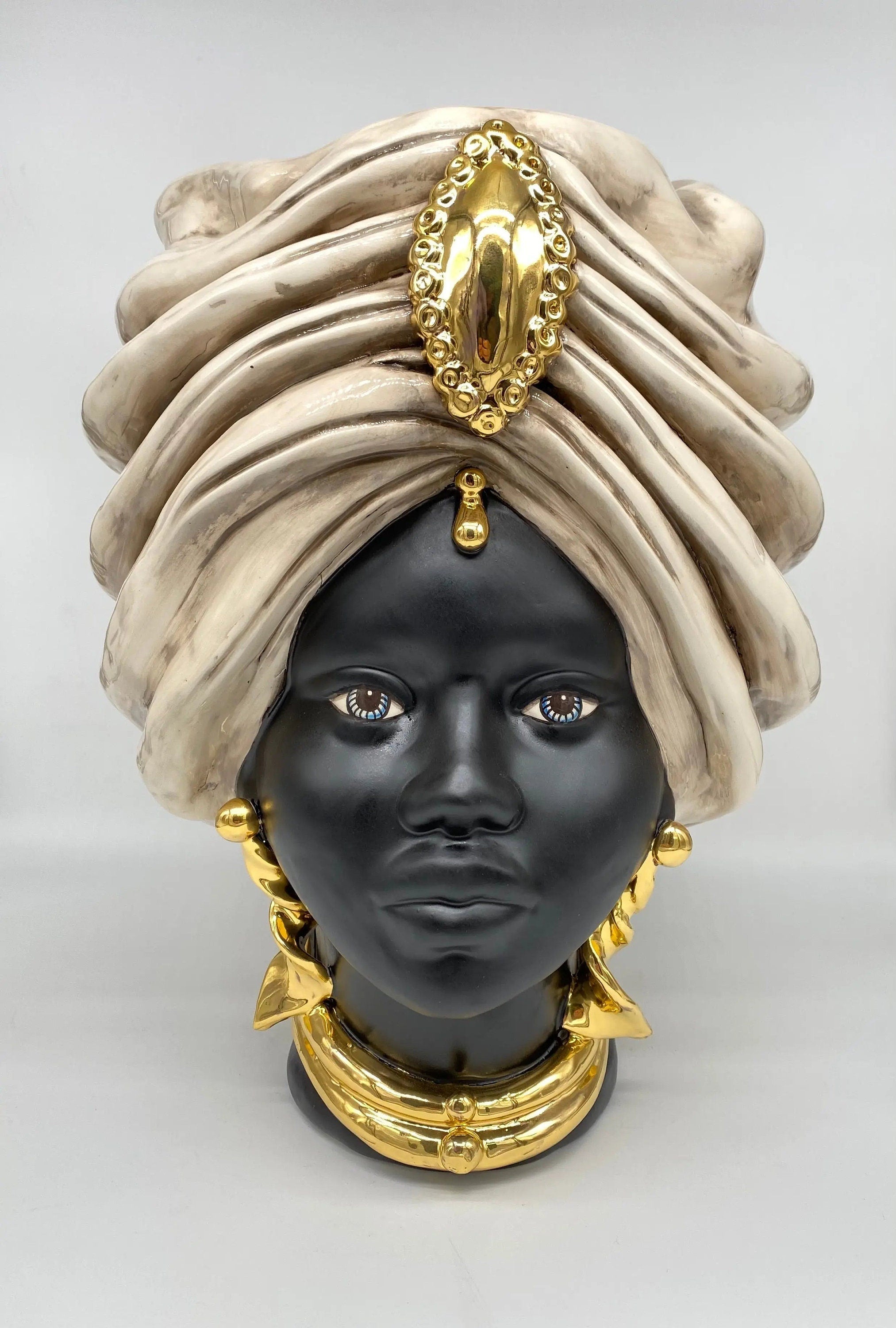 Teste di Moro Atena Ceramica Caltagirone cm H.40 L.28 Artigianale Écru Nero Oro DD CERAMICHE SICILIANE