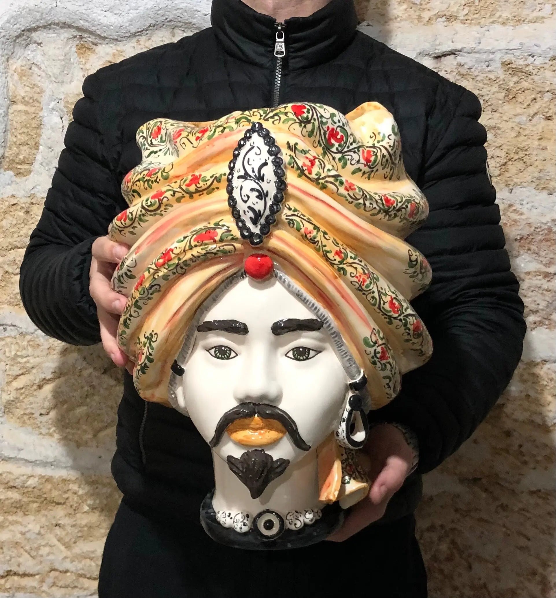 Teste di Moro Atena Ceramica Caltagirone cm H.40 L.28 Artigianale Decoro Floreale DD CERAMICHE SICILIANE