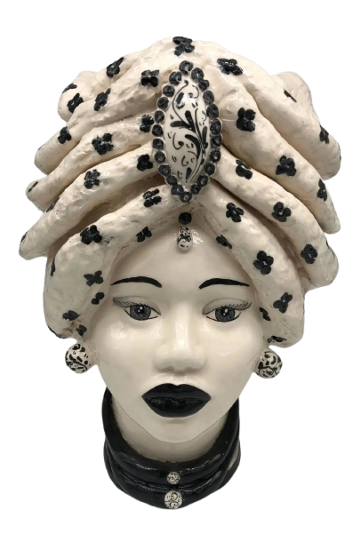 Teste di Moro Atena Ceramica Caltagirone cm H.40 L.28 Artigianale Bianco Pois Nero - DD CERAMICHE SICILIANE