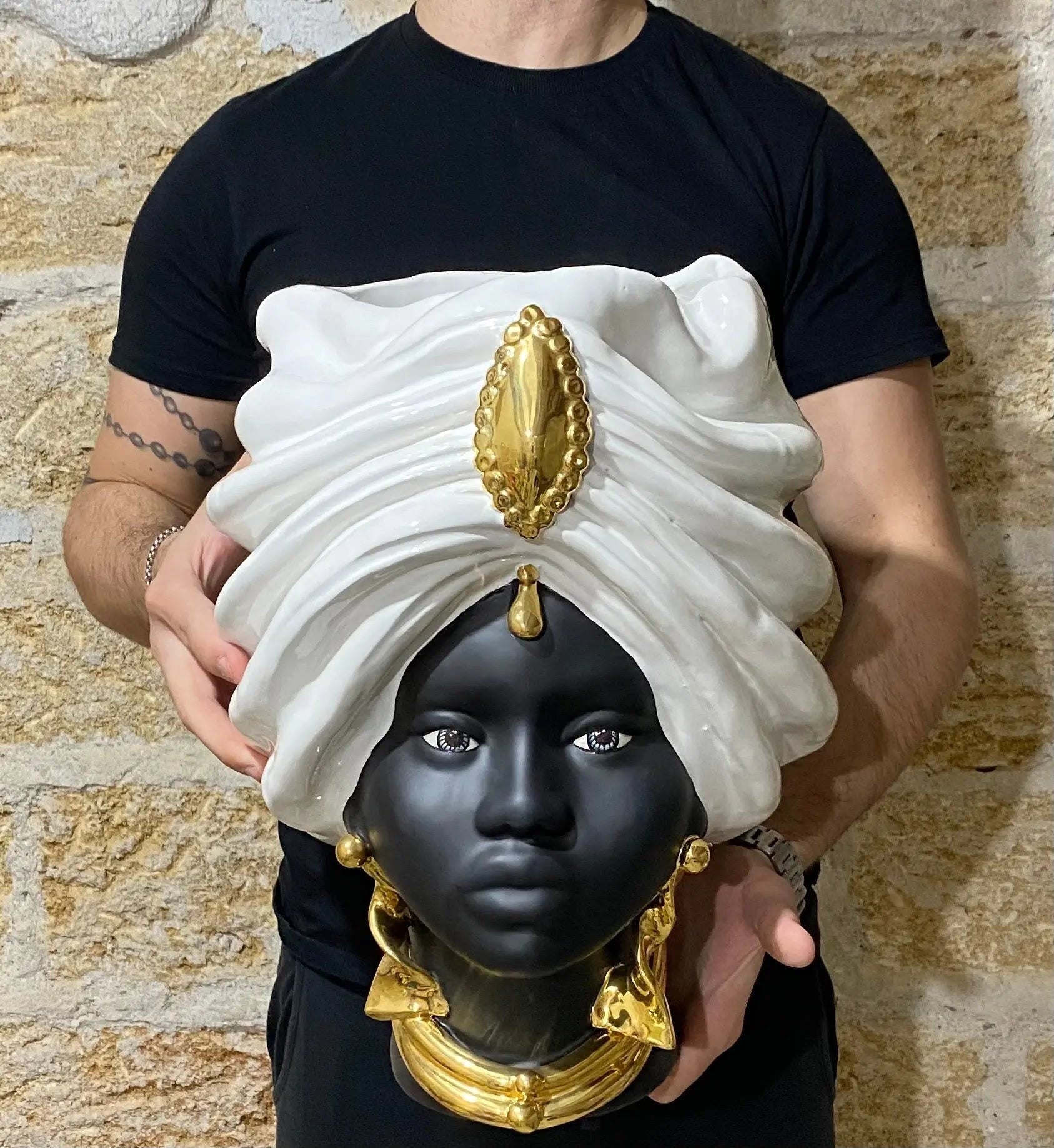 Teste di Moro Atena Ceramica Caltagirone cm H.40 L.28 Artigianale Bianco Nero Oro DD CERAMICHE SICILIANE