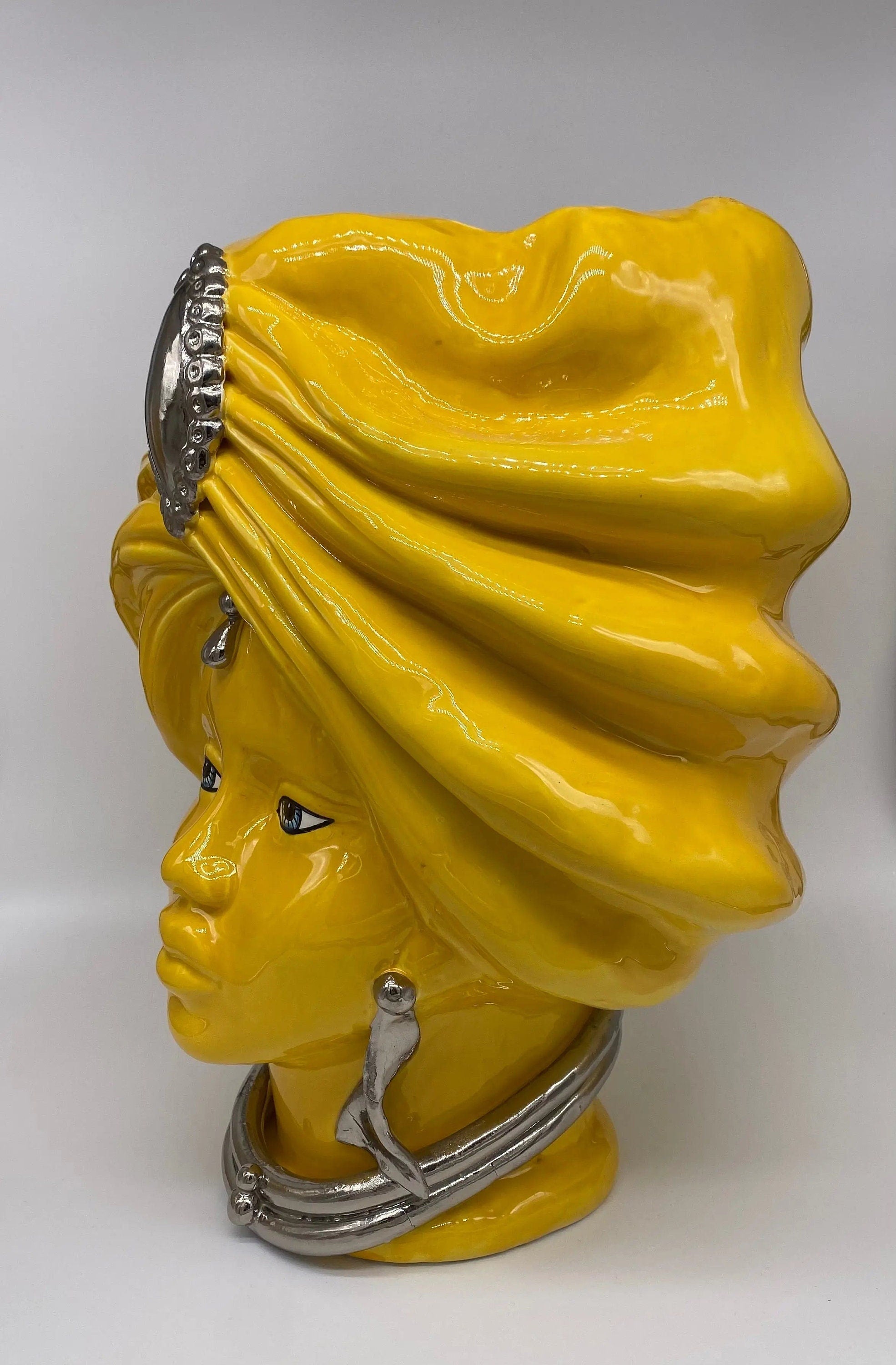 Teste di Moro Atena Ceramica Caltagirone cm H.40 L.28 Artigianale Giallo Platino DD CERAMICHE SICILIANE