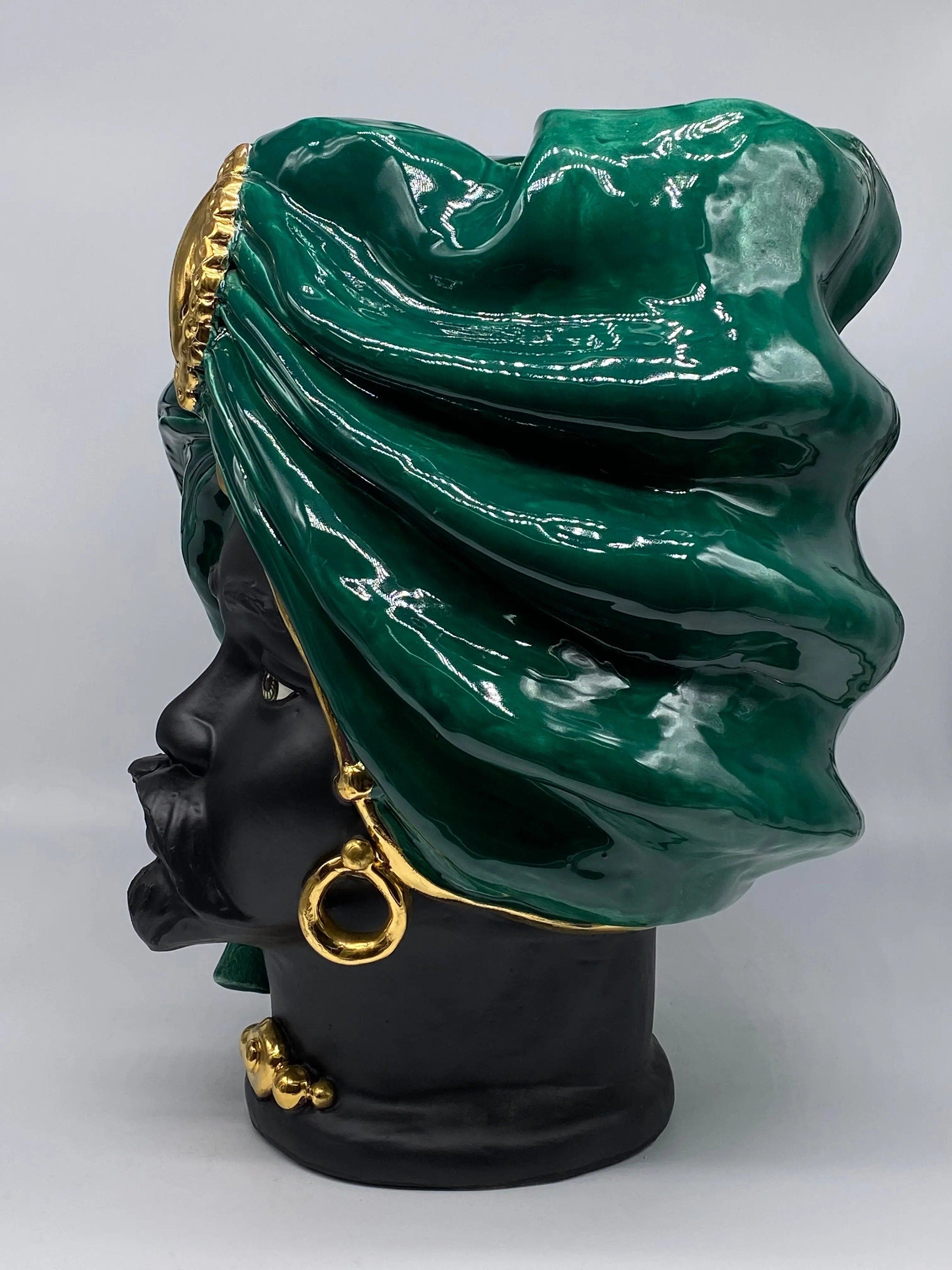 Teste di Moro Atena Ceramica Caltagirone cm H.40 L.28 Artigianale Verde Scuro Nero Oro DD CERAMICHE SICILIANE