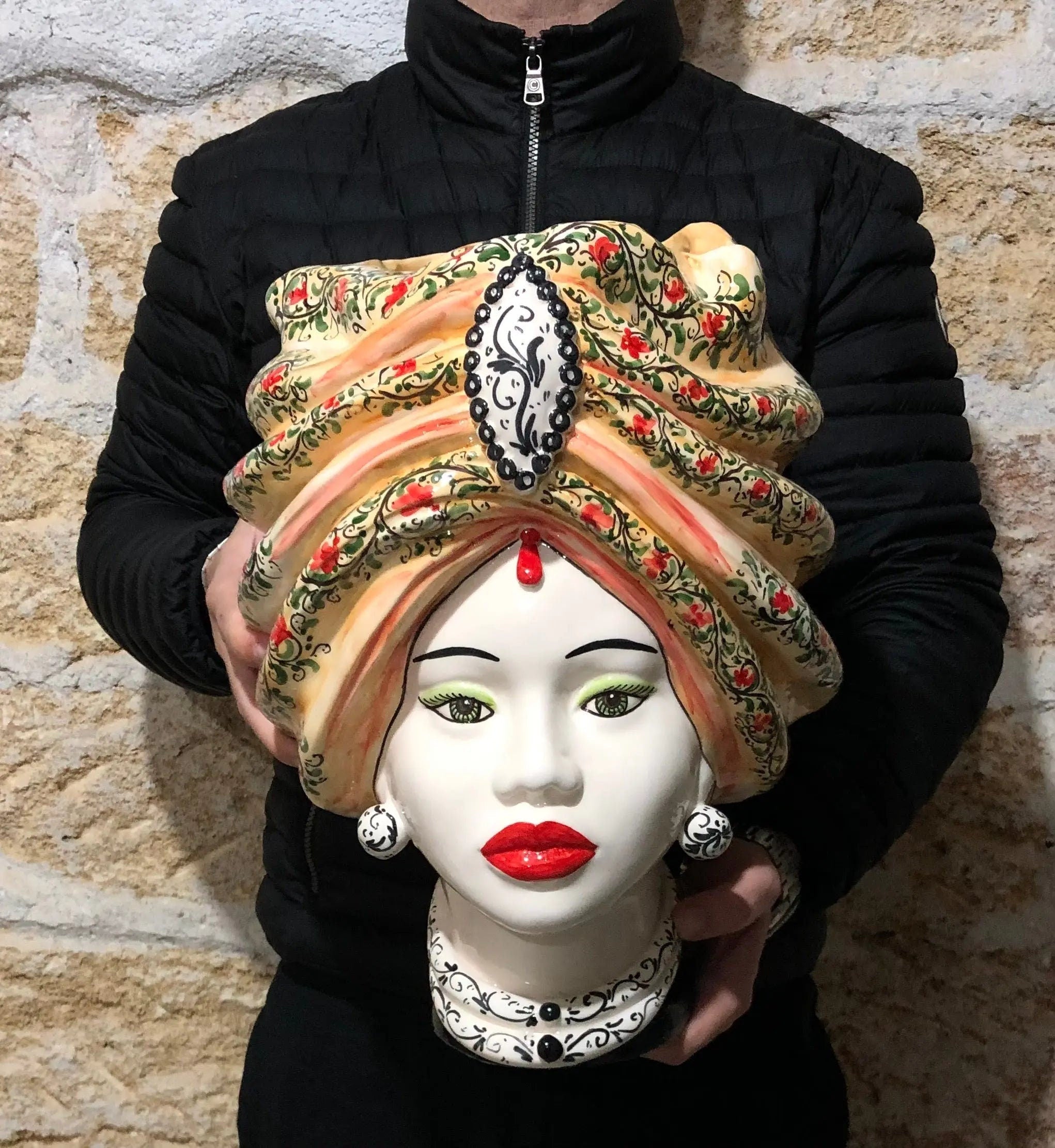 Teste di Moro Atena Ceramica Caltagirone cm H.40 L.28 Artigianale Decoro Floreale DD CERAMICHE SICILIANE