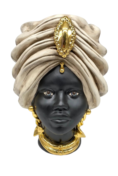 Teste di Moro Atena Ceramica Caltagirone cm H.40 L.28 Artigianale Écru Nero Oro - DD CERAMICHE SICILIANE