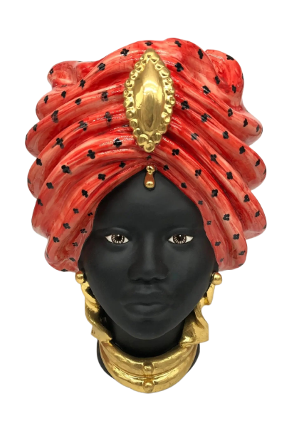 Teste di Moro Atena Ceramica Caltagirone cm H.40 L.28 Artigianale Rosso Pois Nero Oro - DD CERAMICHE SICILIANE