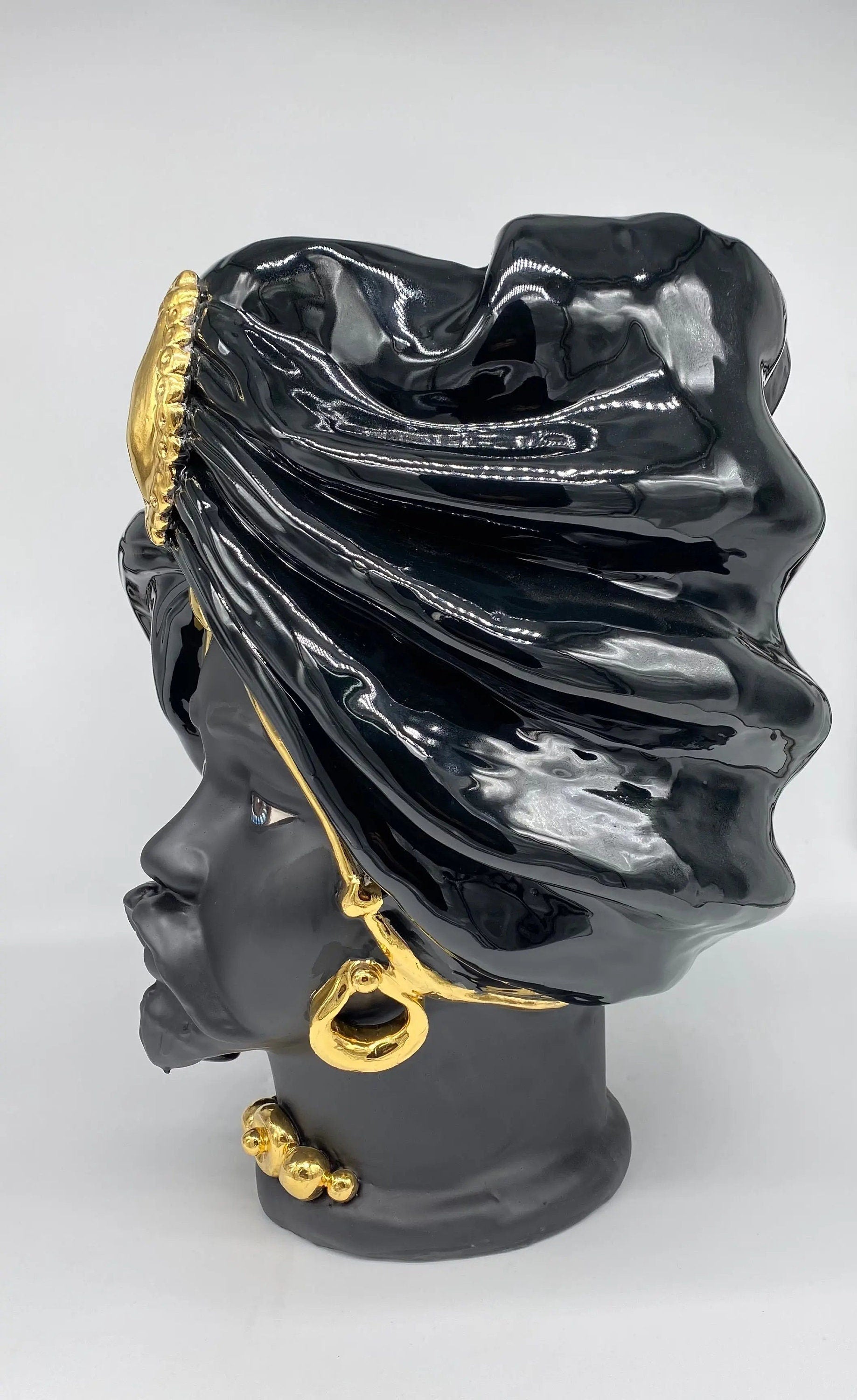 Teste di Moro Atena Ceramica Caltagirone cm H.40 L.28 Artigianale Nero Oro DD CERAMICHE SICILIANE