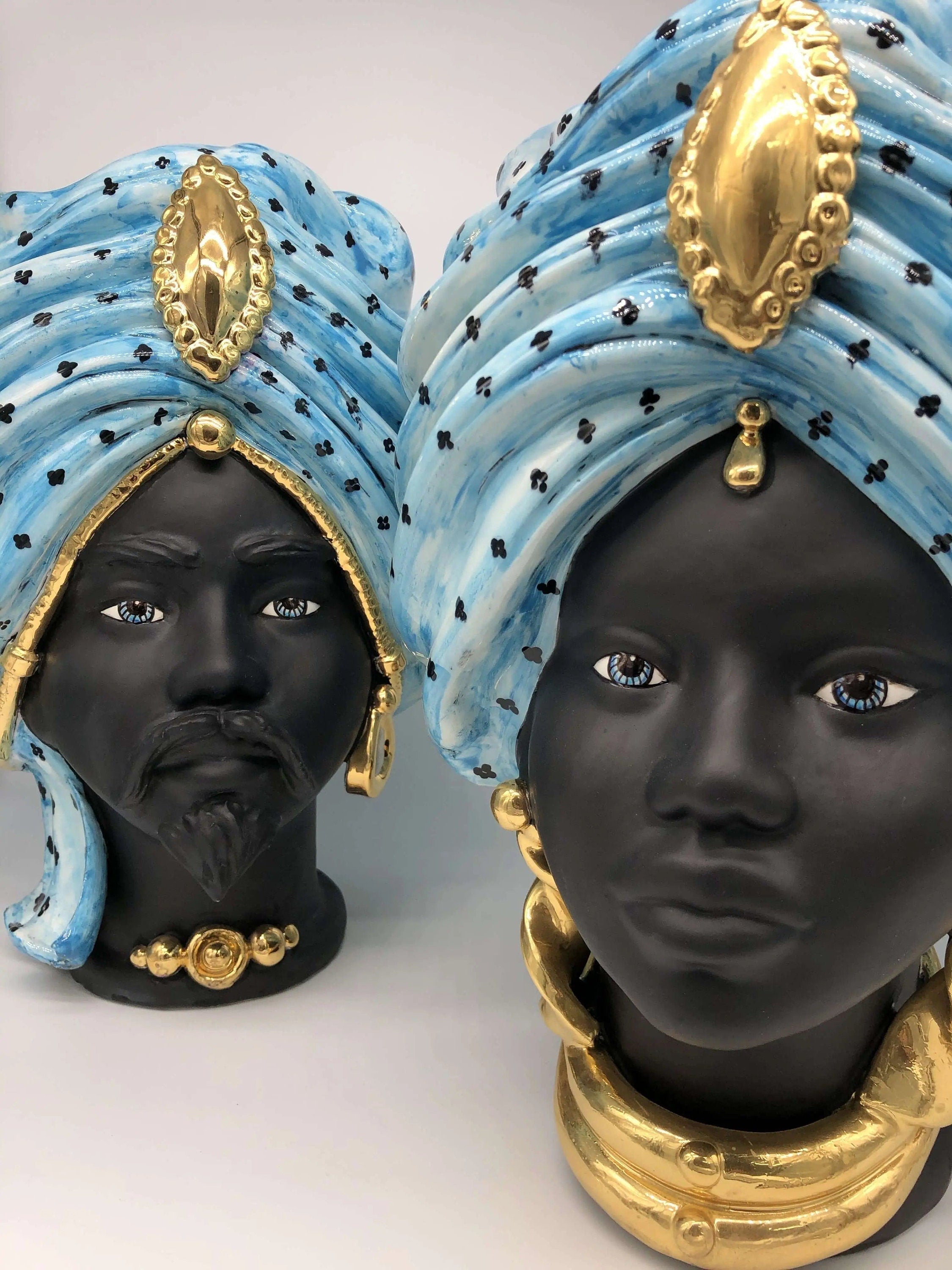 Teste di Moro Atena Ceramica Caltagirone cm H.40 L.28 Artigianale Celeste Pois Nero Oro DD CERAMICHE SICILIANE