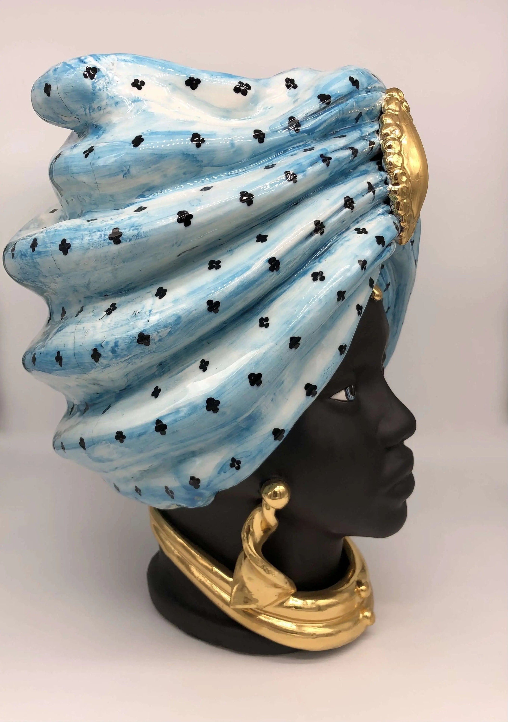 Teste di Moro Atena Ceramica Caltagirone cm H.40 L.28 Artigianale Celeste Pois Nero Oro DD CERAMICHE SICILIANE