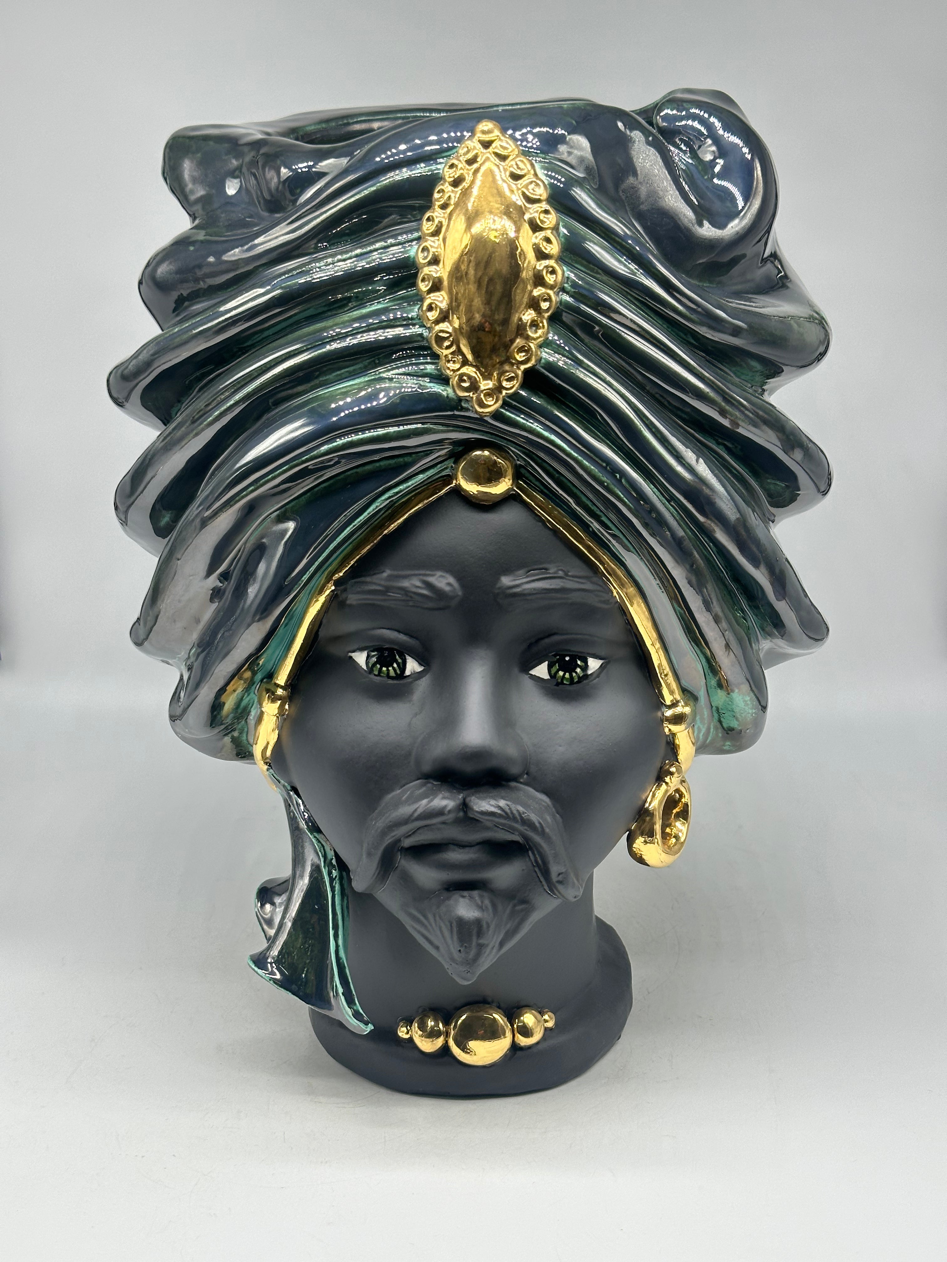 Teste di Moro Atena Ceramica Caltagirone cm H.40 L.28 Artigianale Verde Rame Nero Oro - Uomo - TESTE DI MORO