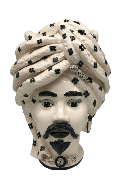 Teste di Moro Atena Ceramica Caltagirone cm H.40 L.28 Artigianale Bianco Pois Nero - DD CERAMICHE SICILIANE