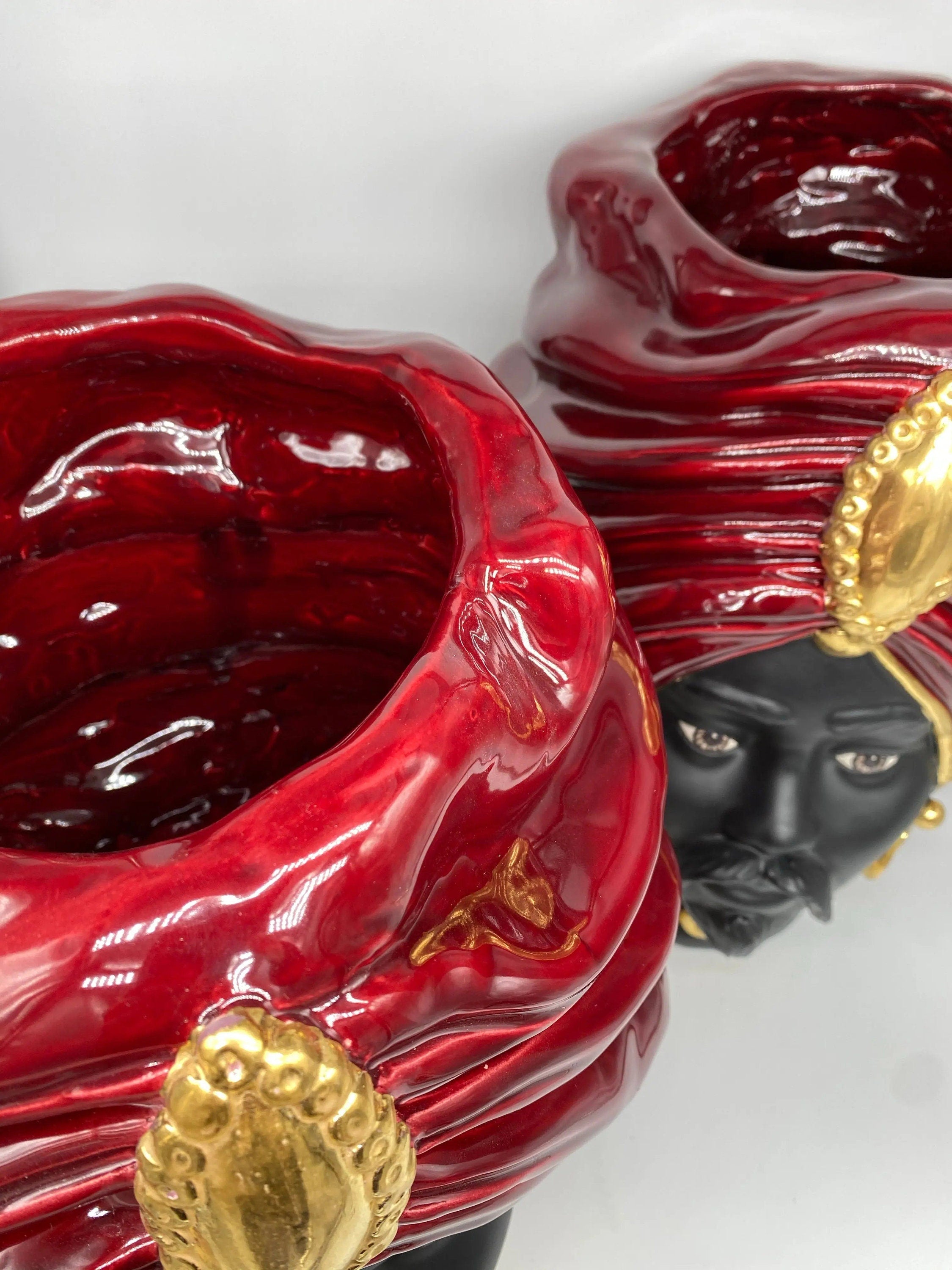 Teste di Moro Atena Ceramica Caltagirone cm H.40 L.28 Artigianale Bordeaux Nero Oro DD CERAMICHE SICILIANE