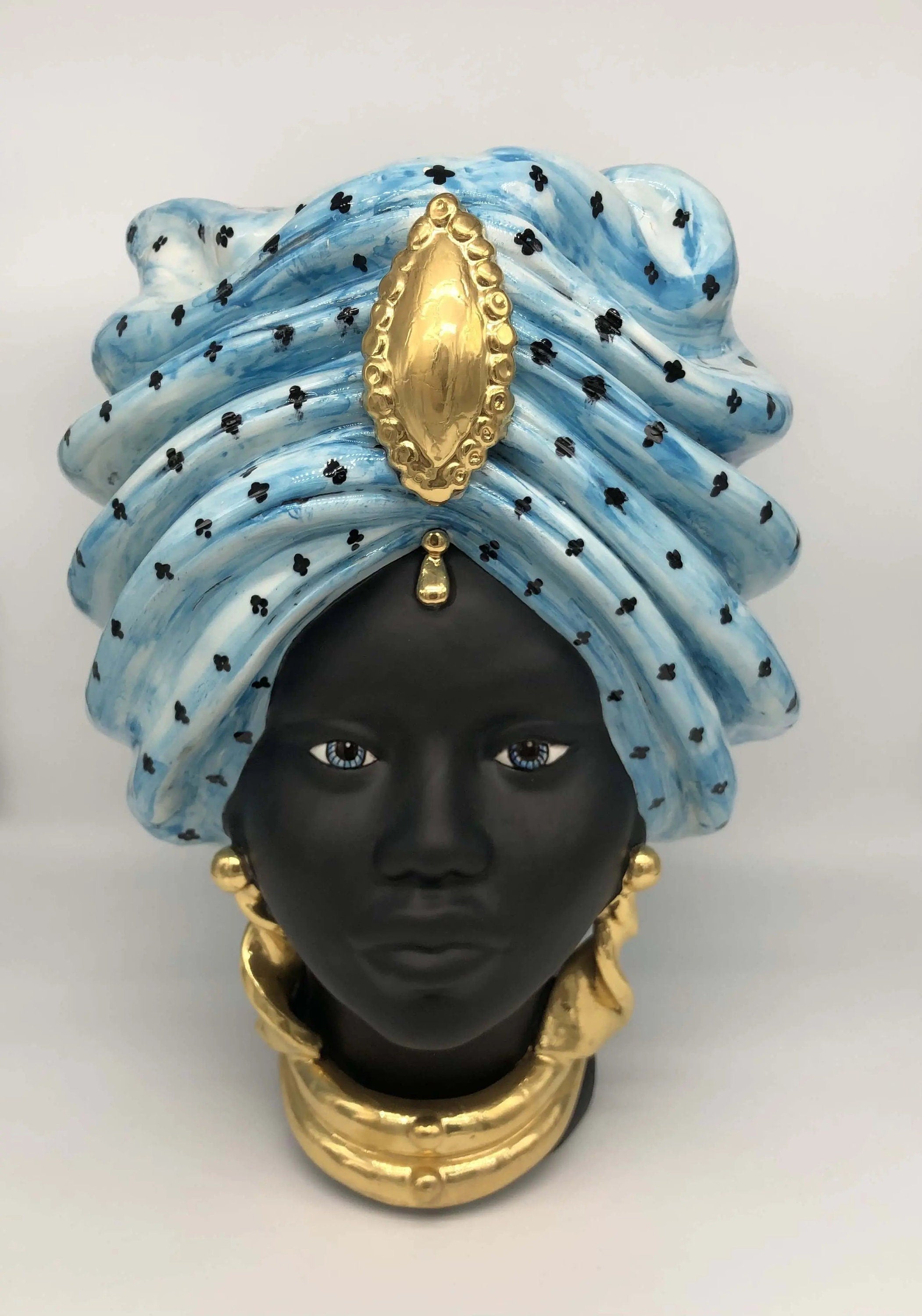 Teste di Moro Atena Ceramica Caltagirone cm H.40 L.28 Artigianale Celeste Pois Nero Oro DD CERAMICHE SICILIANE