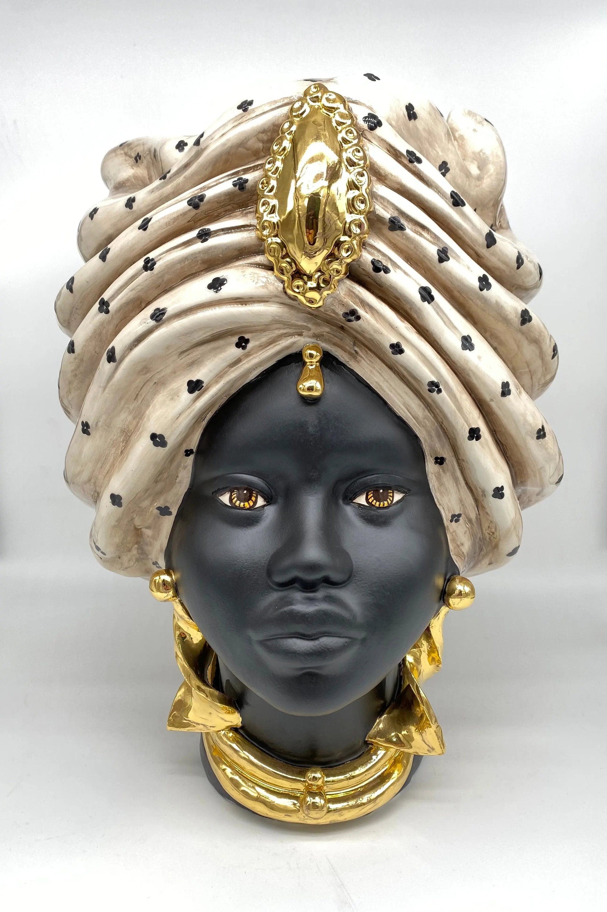 Teste di Moro Atena Ceramica Caltagirone cm H.40 L.28 Artigianale Écru Pois Nero Oro DD CERAMICHE SICILIANE