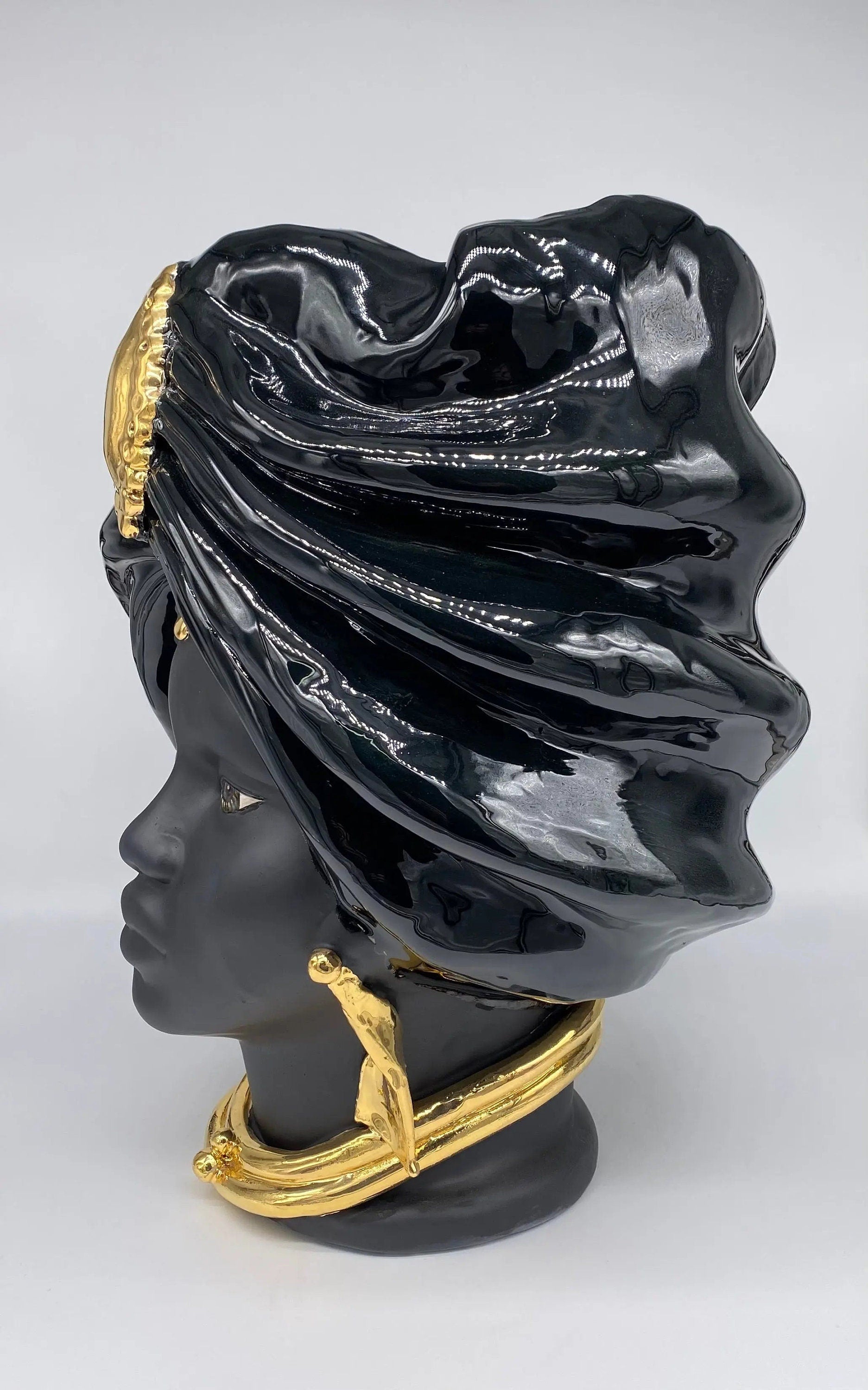 Teste di Moro Atena Ceramica Caltagirone cm H.40 L.28 Artigianale Nero Oro DD CERAMICHE SICILIANE