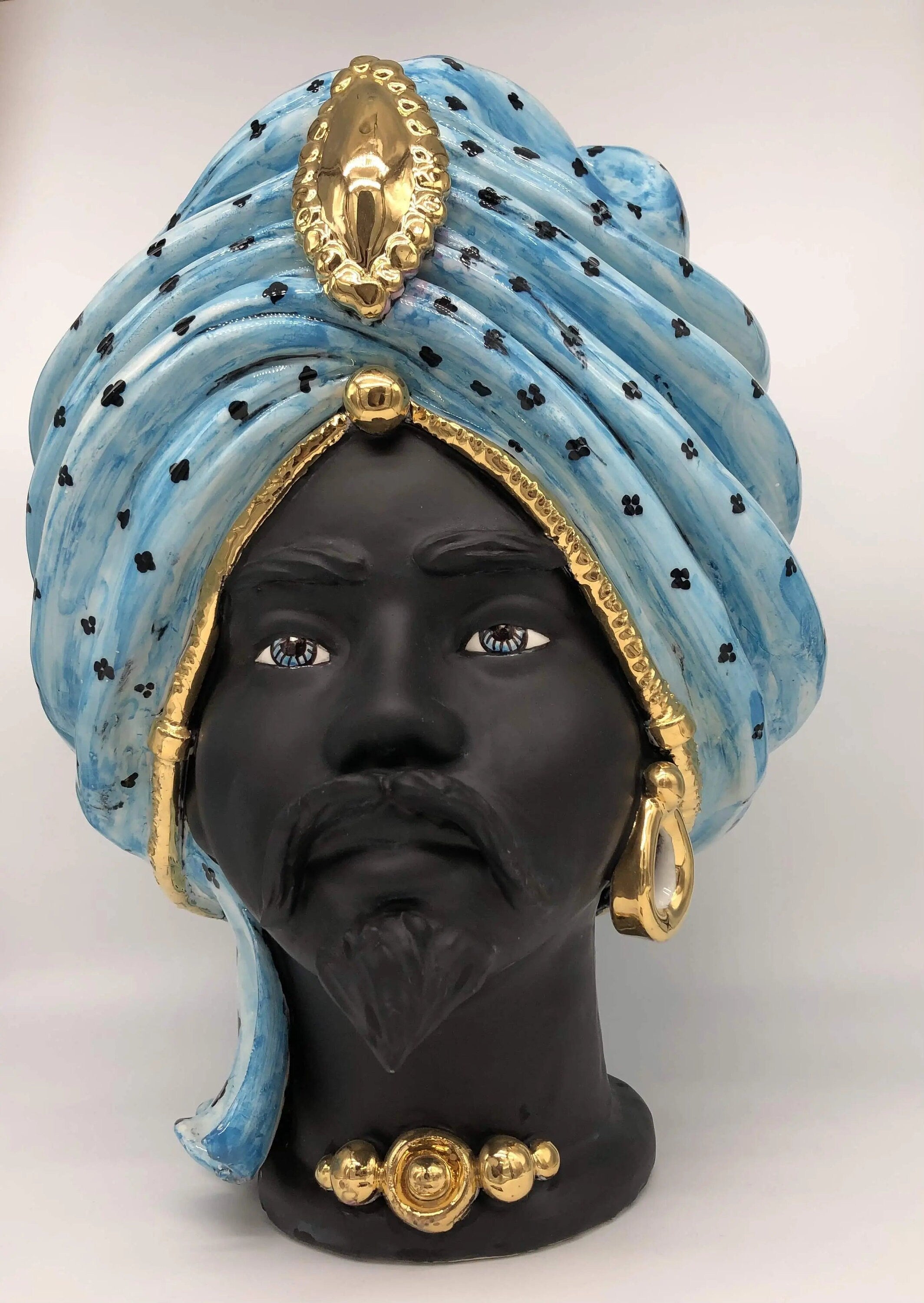 Teste di Moro Atena Ceramica Caltagirone cm H.40 L.28 Artigianale Celeste Pois Nero Oro DD CERAMICHE SICILIANE