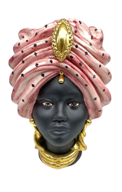 Teste di Moro Atena Ceramica Caltagirone cm H.40 L.28 Artigianale Rosa Pois Nero Oro - DD CERAMICHE SICILIANE